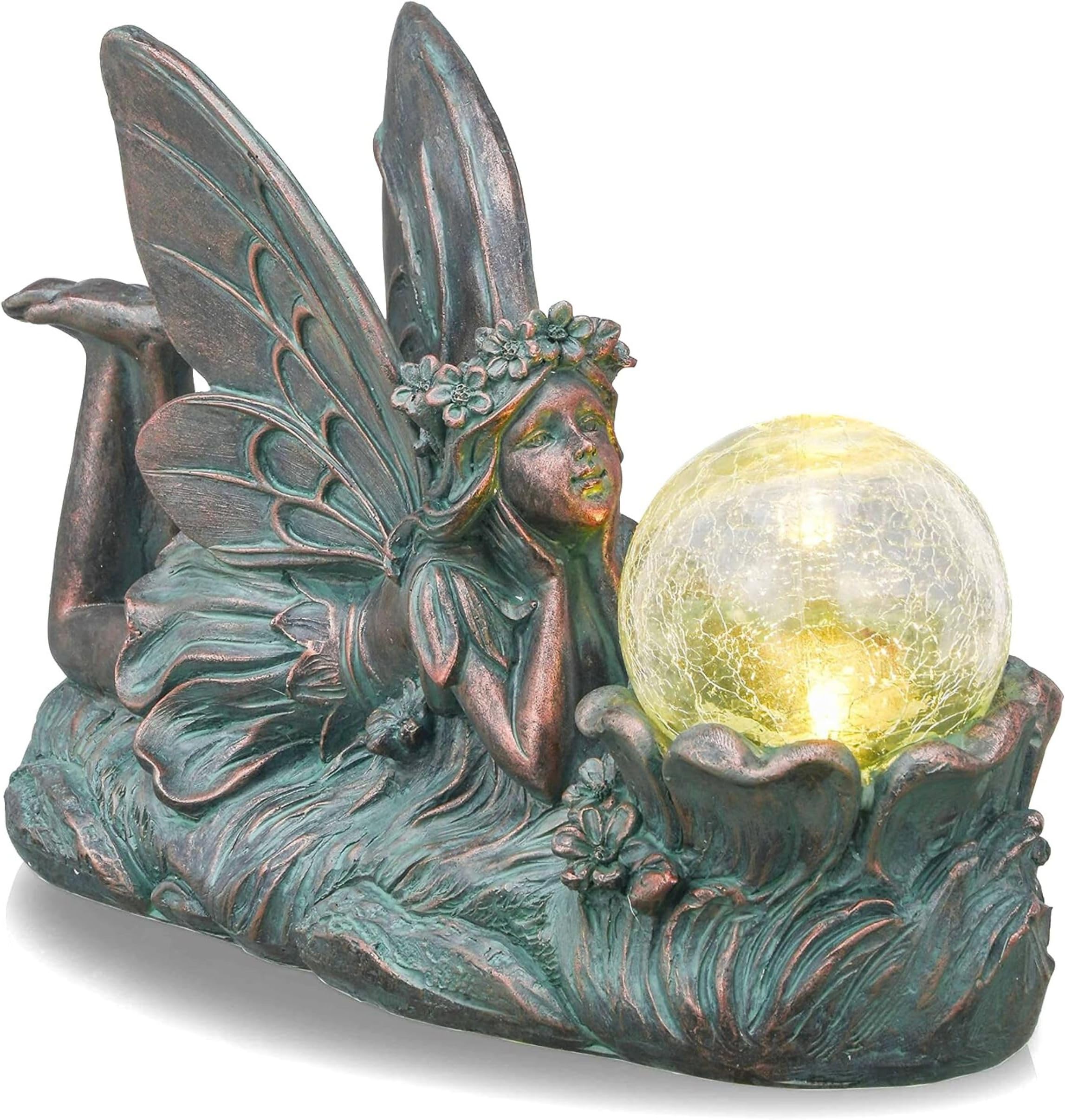 TERESA'S COLLECTIONS Garden Ornaments Outdoor, Bronze Fairy Garden Statues with Solar Crack Glass Ball, Waterproof Resin Fairy Ornaments, Birthday Gifts for Mum, Indoor Outdoor 32.5CM