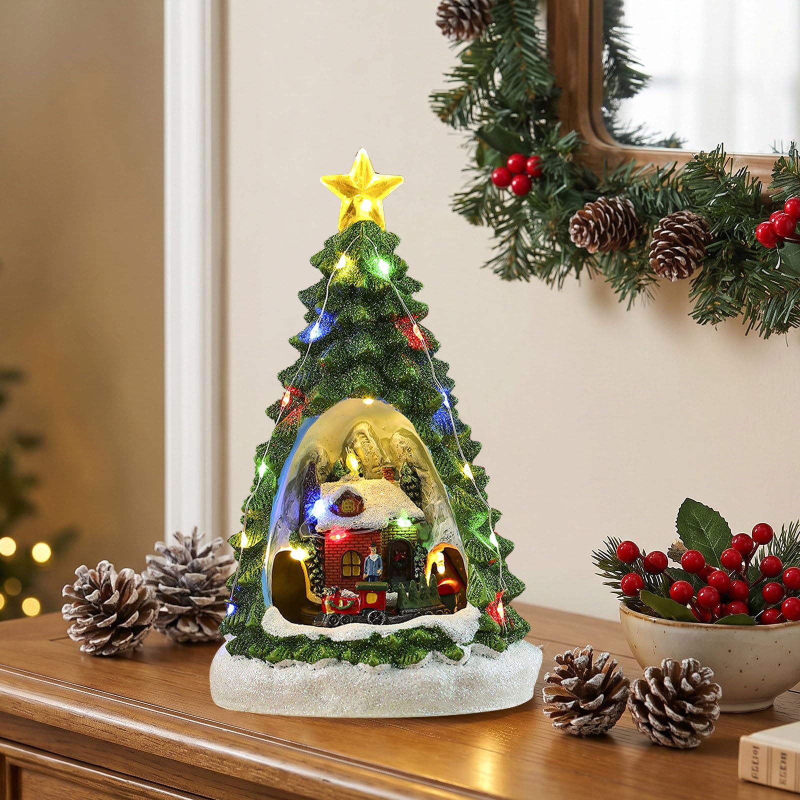 Kisangel Casa di Natale animata e musicale, ornamento natalizio da collezione con statue, trenino in movimento e luci a LED, regalo festivo da tavolo per le vacanze.