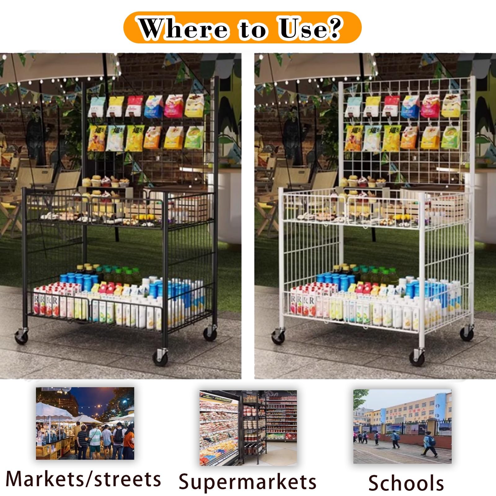 Marktstand, Imbisswagen Verkaufsstand-Ausstellungsregal Mit 2 Ebenen Für Lebensmittel/Kunsthandwerk/Papier, Bewegliche Drahtgitterwand-Ausstellungsständer Für Den Einzelhandel, Supermarkt-Konzessionss
