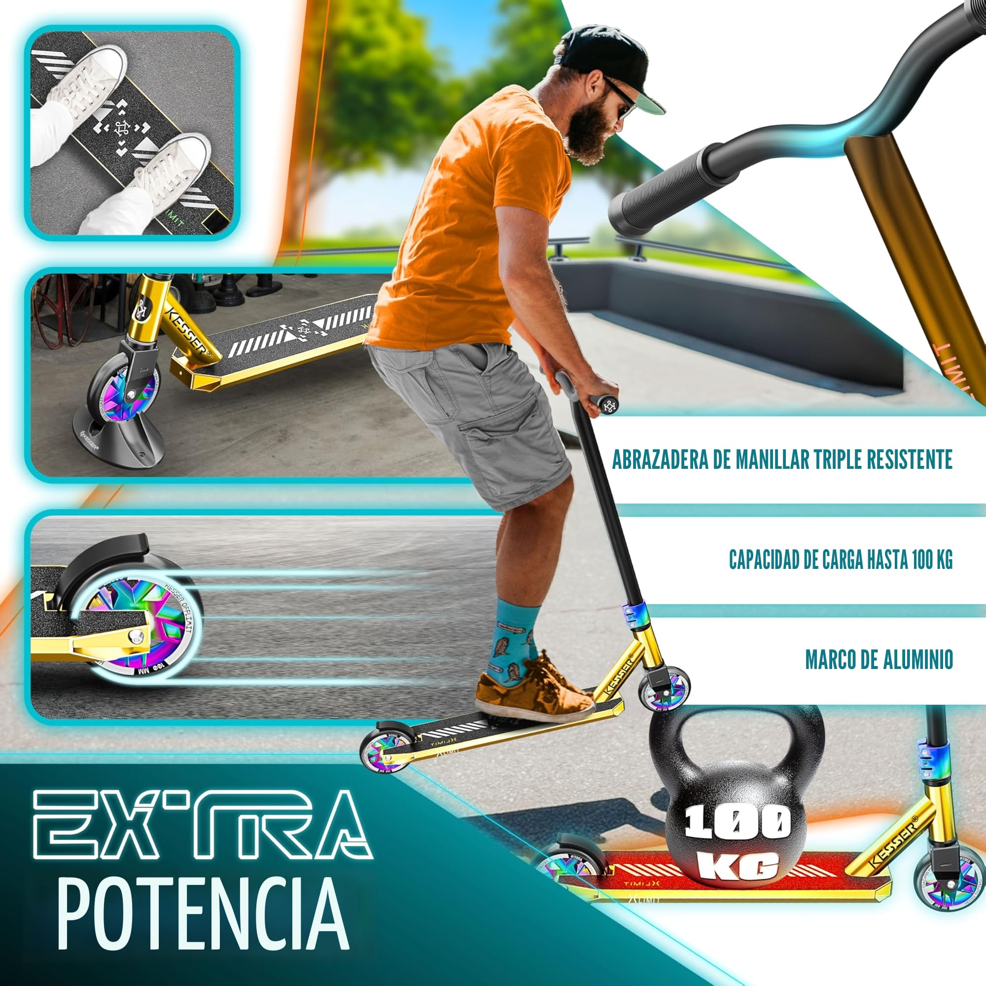 KESSER® Patinete acrobático X-Limit-Pro, Funscooter con dirección de 360Ḟ, Patinete acrobático con Soporte, rodamientos de Bolas ABEC 9, Ruedas de PU de 110 mm, Patinete Scooter,