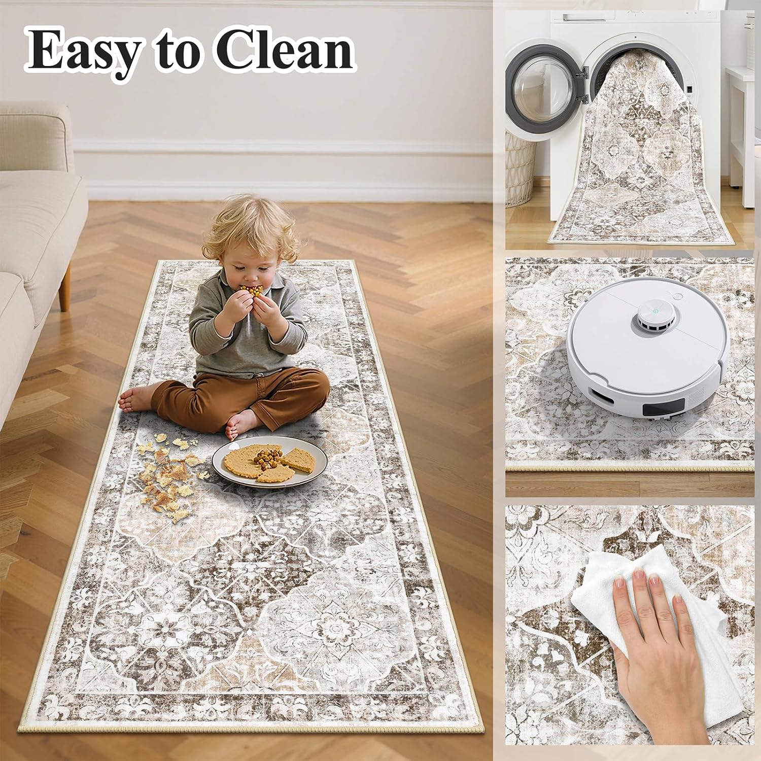 Ileading Washable Hallway Runner Rugs, 2x10 Non Slip Runners Area Rug for Entryway Kitchen Bathroom Bedroom Laundry Living Room, Long Narrow Low-Pile Floor Carpet Boho Vintage Throw Mat for Kids Room