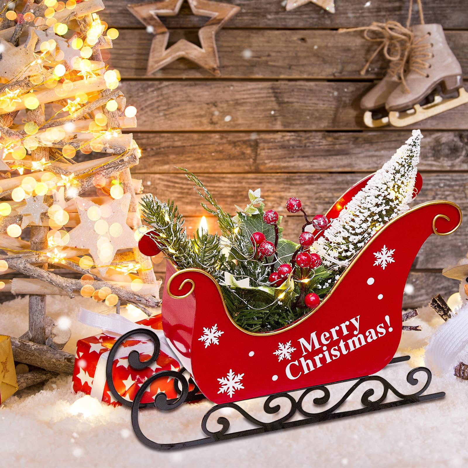 Amazon.com : LED Christmas Sleigh Decoration, Red Metal Santa Sleigh