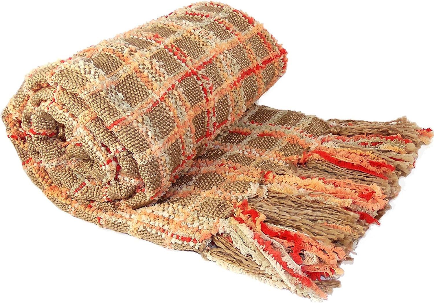 Home Soft Things Multi-Color Chenille Couch Throw Blanket, Burnt Orange, 50" x 60'' Soft Warm Cozy Tartan Blanket with Tassels Throw Blanket for Living Room Bed Sofa Chair Décor
