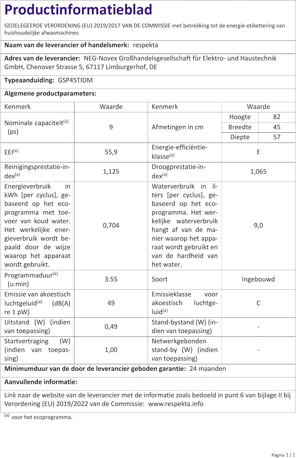 Respekta Katha GSP45TIDM - Lavastoviglie 45 cm, parzialmente integrate, con protezione antitraboccamento e preselezione del tempo di avviamento, 9 coperte, piedini regolabili in altezza [Classe di efficienza energetica E]