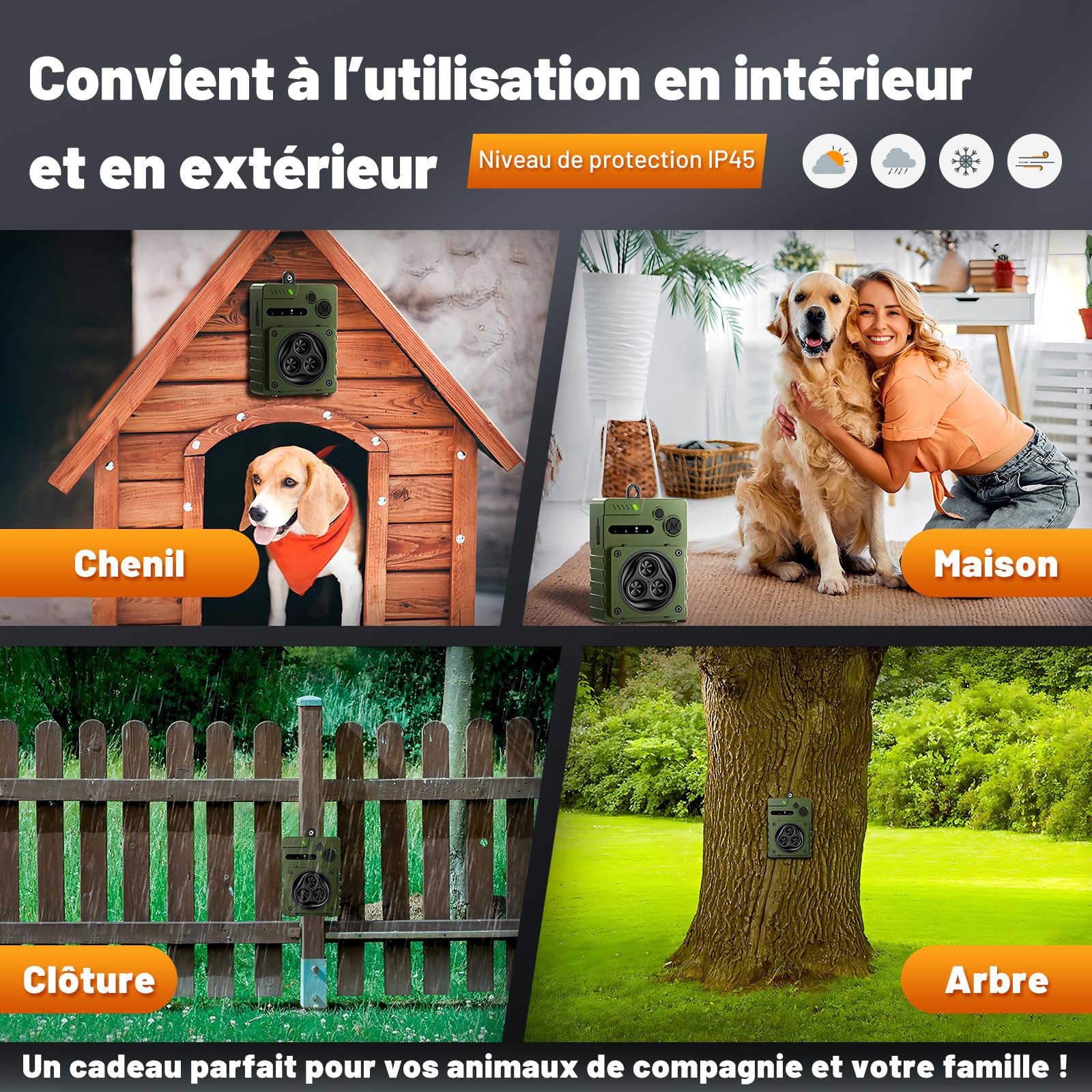 Appareil anti-aboiement à ultrasons pour chiens de taille moyenne et grande - 3 fréquences - Étanche IP45 - Anti-aboiement pour chiens - Intérieur et extérieur - Noir