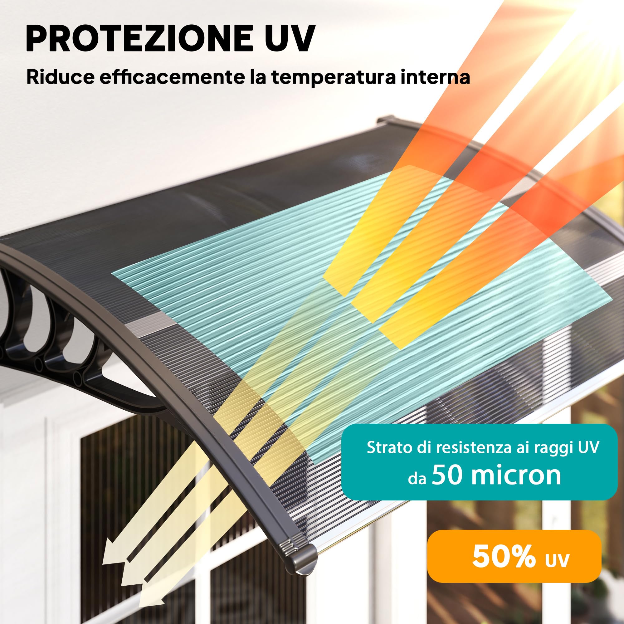 Outsunny Pensilina Tettoia da Esterno 100x75cm in Policarbonato per Balcone Porte e Finestre Resistente ai Raggi UV, Nero
