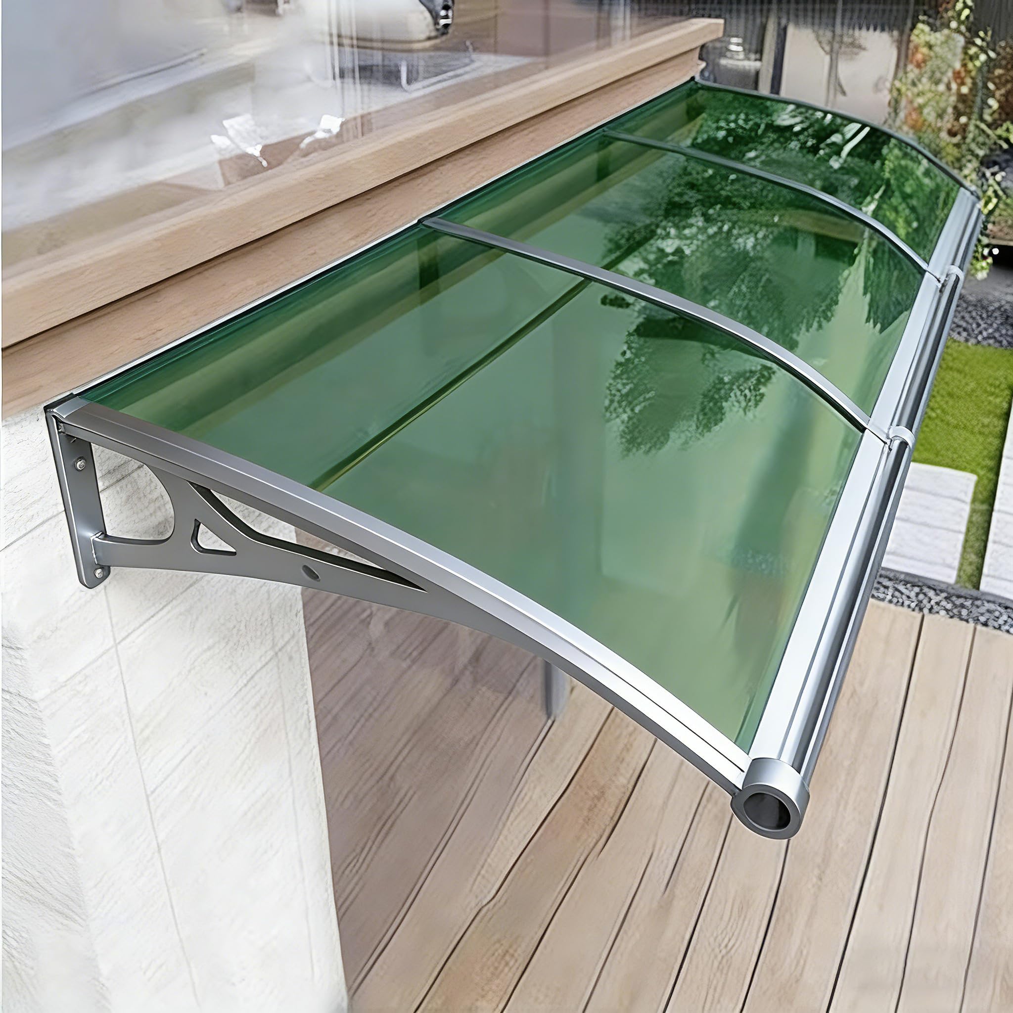 120x200cm pensilina da esterno【ERRTSDB tettoia, Grigio Argento+Verde】Protezione UV, Pioggia, Modulare con Groove di Scarico per Porte Balcone Finestre Elegante E Resistente