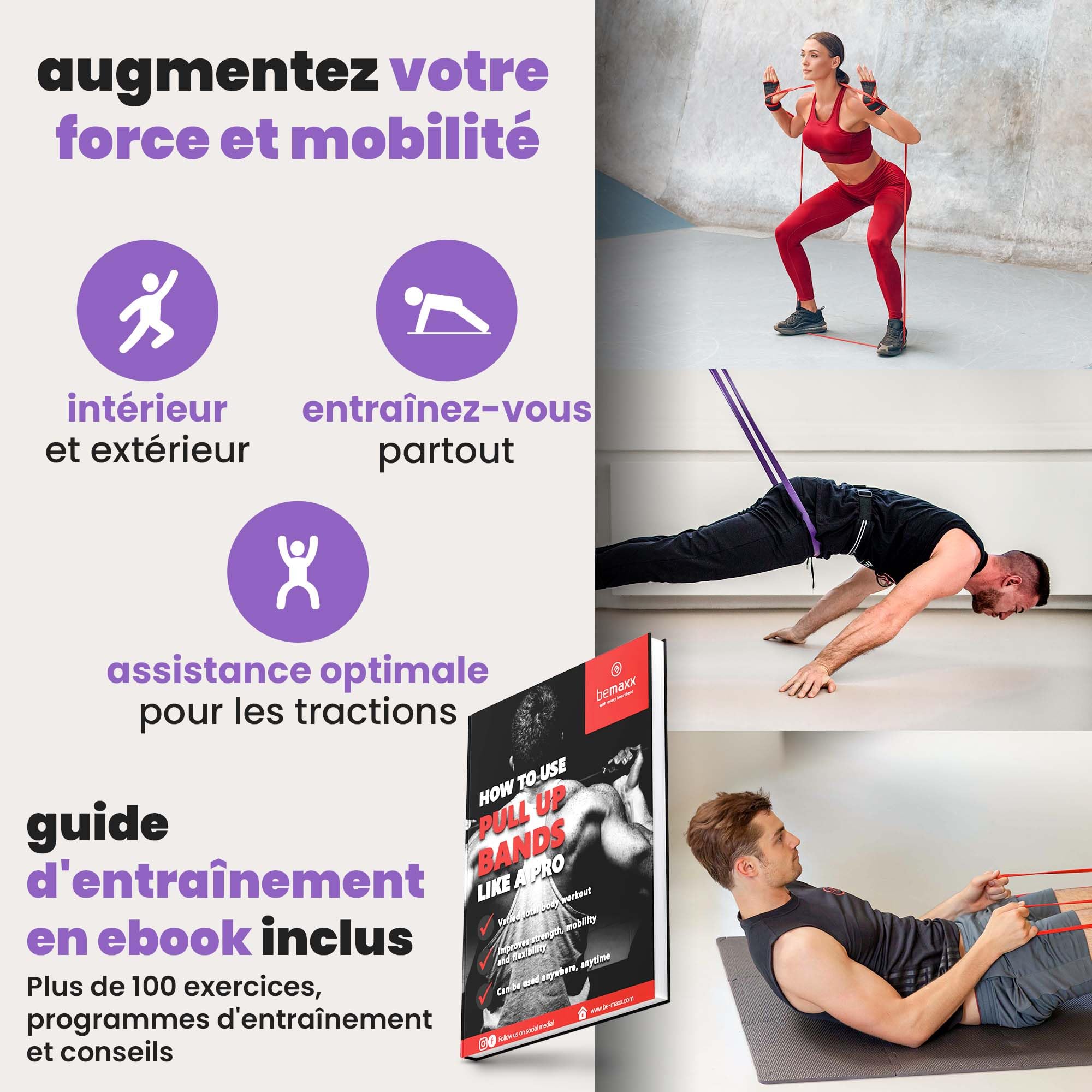 Elastique Musculation Traction Fitness + Guide Exercices, Assist Barre Fixe, Pull Up Bar Dip Bandes de Résistance | Gym Equipment: Muscu Tubes Bands Heavy Calisthenics Gymnastique Sport, Femme Homme