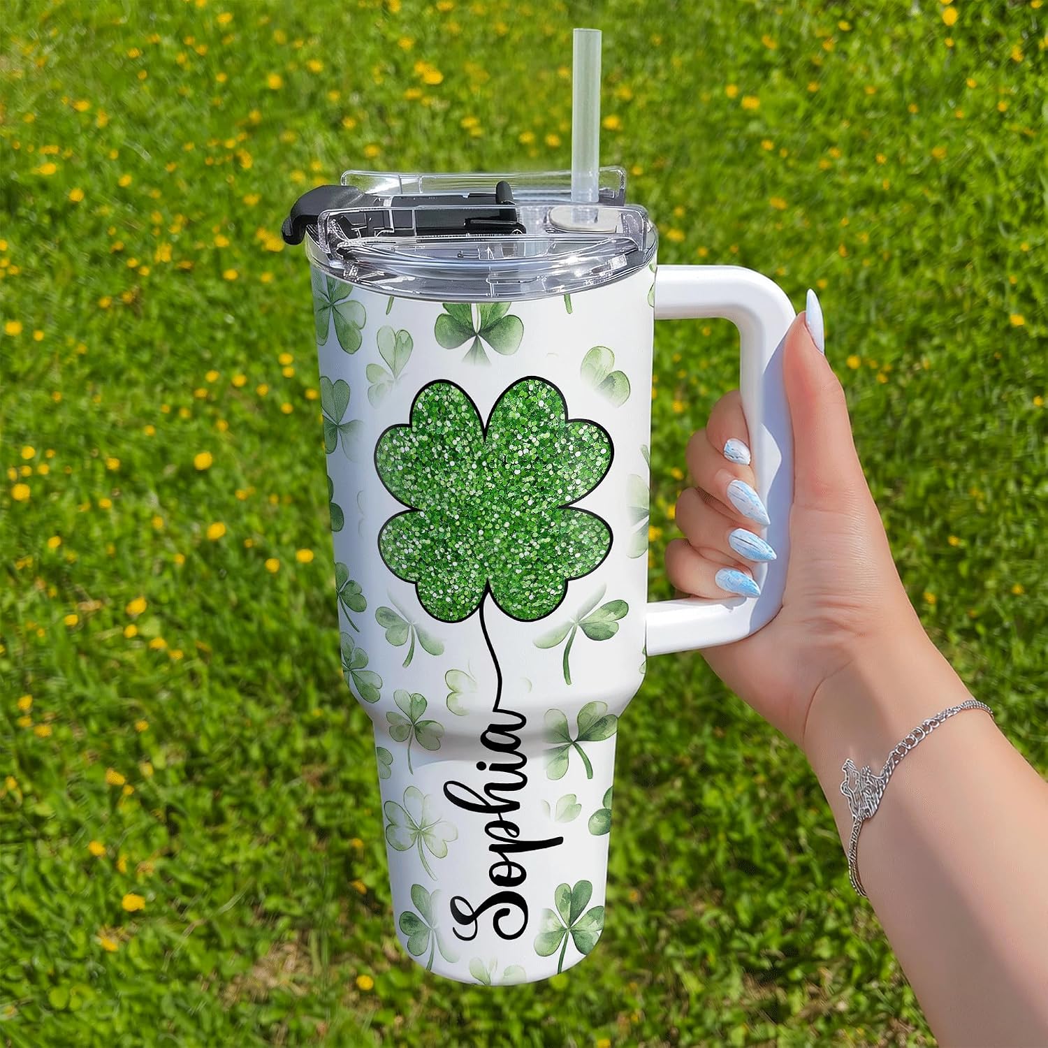 Hyturtle Personalized St Patrick's Day 40oz Tumbler with Handle and Straw Gifts For Girls Women, Lucky Green Shamrock Gifts, Four Leaves Clover Custom Insulated Stainless Steel Travel Cup With Lid