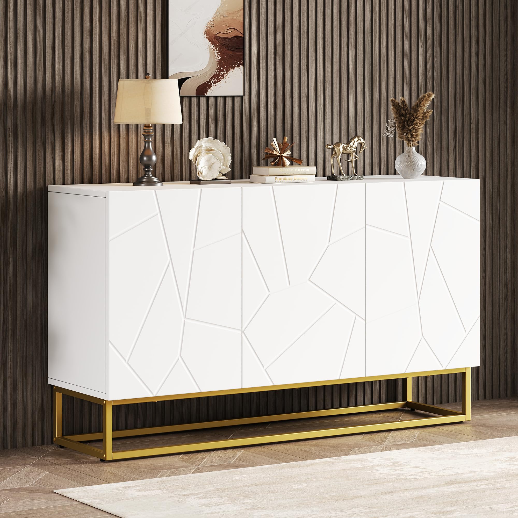 Merax Sideboard 130cm Breit, Moderne Küchenschrank mit 3 Türen, Hochglanz Buffetschrank mit Verstellbare Ablage, Küchenbuffet mit Designtüren, Metallbeinen, für Wohnzimmer Esszimmer Flur Eingang, Weiß