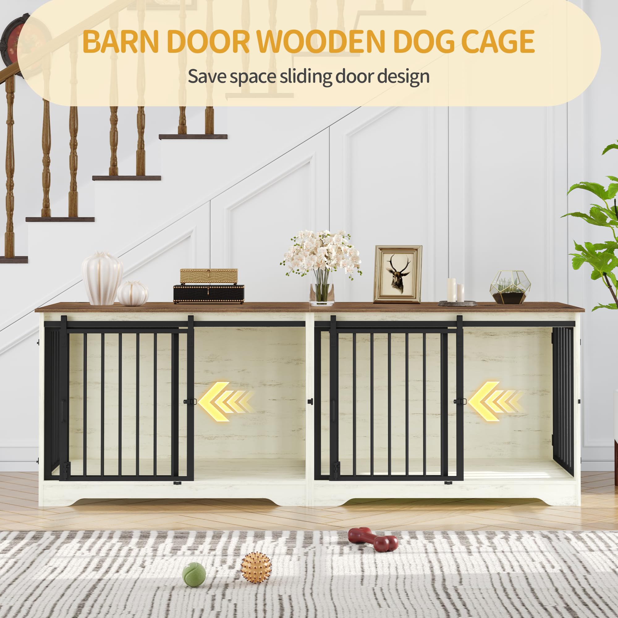Hzuaneri Meuble pour Cage de 2 Chiens, Cage Double avec Séparateur, Niche en Bois, Cages avec Porte Coulissante, Design Meuble TV pour Chiens de Moyens et Grands Taille, Blanc et Marron DFC93714B