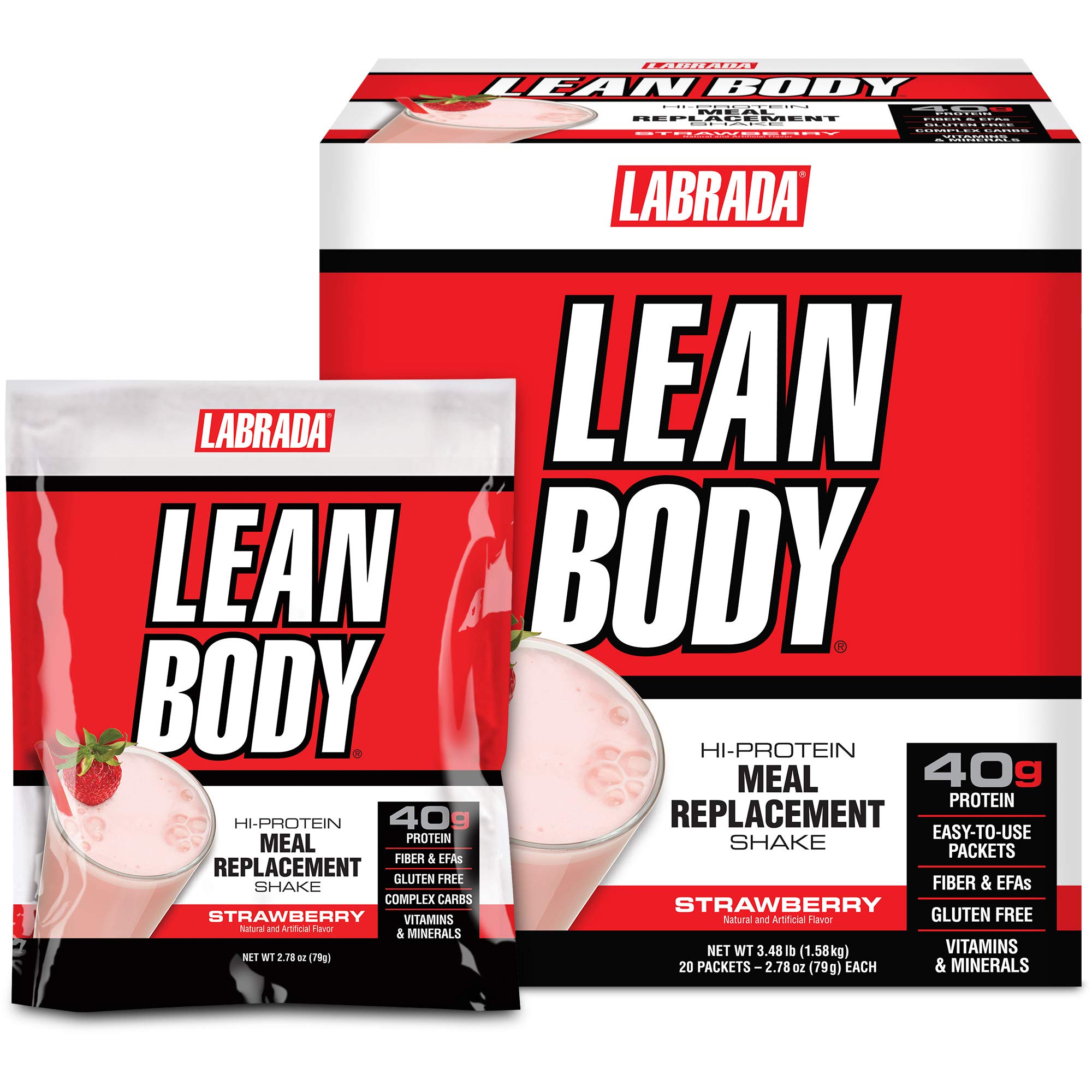 Labrada Lean Body MRP All-In-One Strawberry Meal Replacement Shake, 40g Protein, Whey Blend, 8g Healthy Fats EFA's &amp; Fiber, 22 Vitamins and Minerals, No artificial color, Gluten Free, (20 Packets)