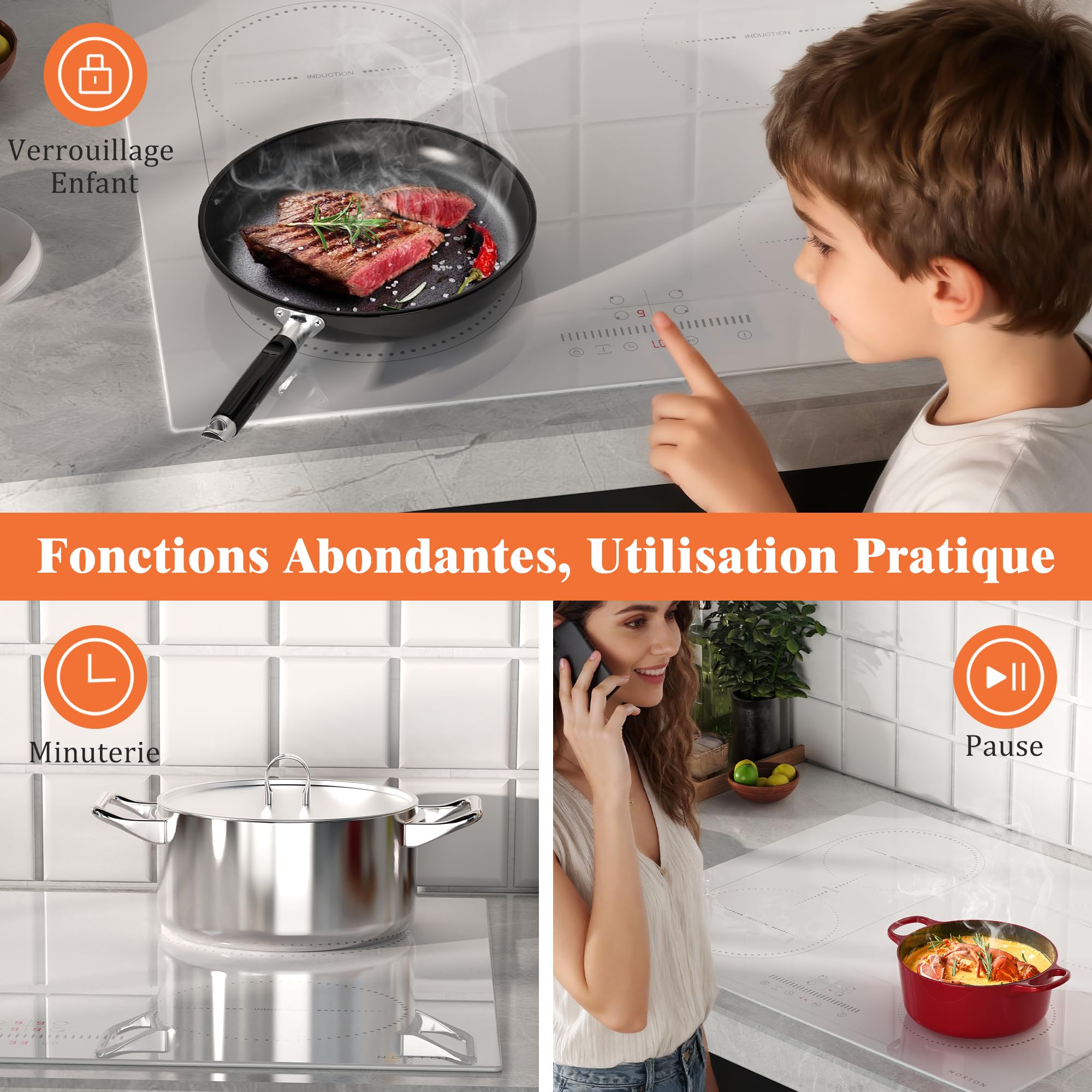 NOXTON Placa Induccion 4 Fuegos con Zona Flexible, Induccion Blanca, Funcion Boost, Controles Deslizantes, Función de Aislamiento Térmico, Cronómetro, 60 cm, 3500 W, con Enchufe - 5
