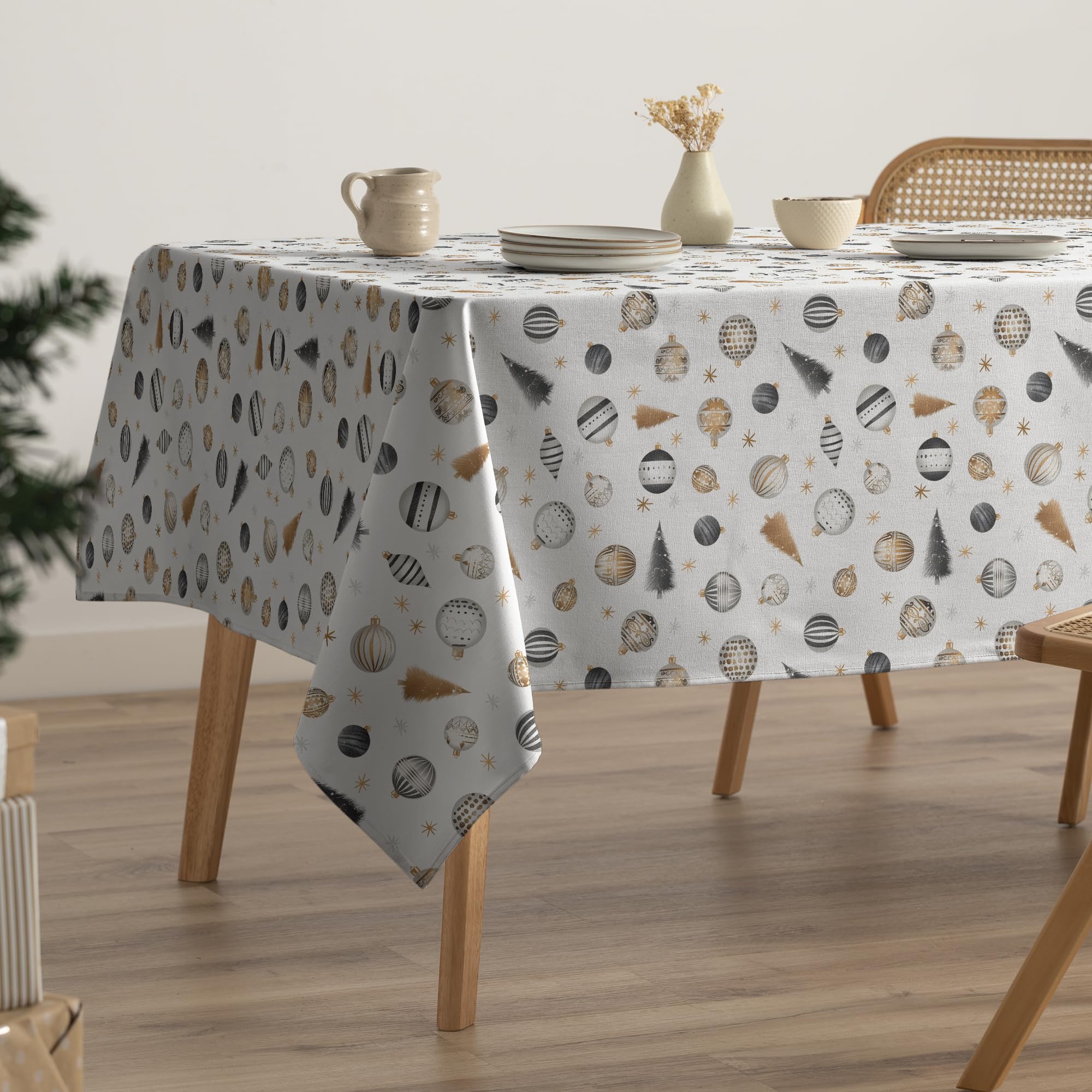 GAMUSI Mantel Navidad Antimanchas Bolas Navidad Algodón Mesa Comedor Decoración Navideña Rectangular Tacto Tela 160x240 cm