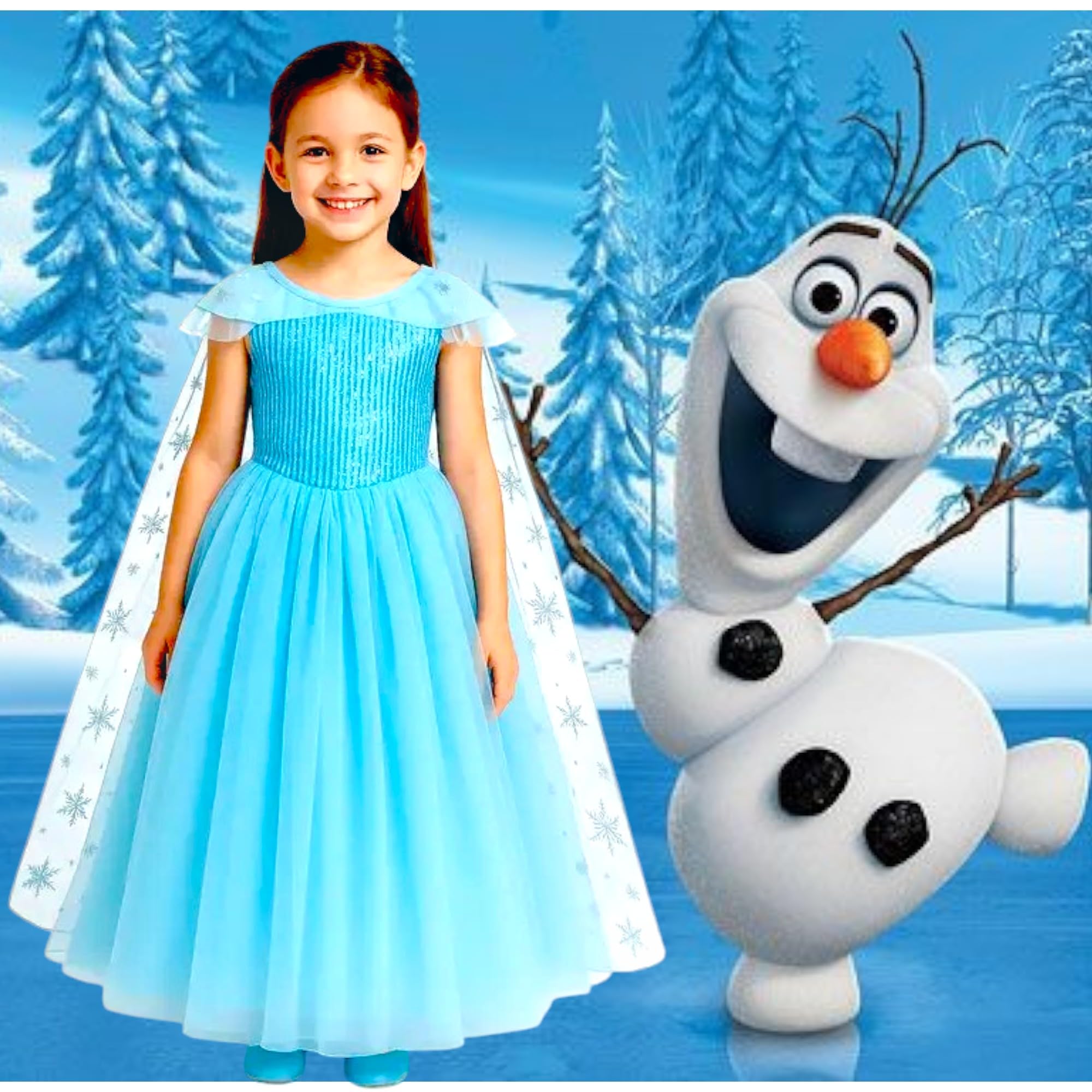 KMEXIM Forzen Elsa Girls Princess Dress Costume Set with Attached Cape, Crown, Wig, Gloves and Wand, Ice Blue, 5-Piece Accessories Complete Set Halloween Fancydress Costumes (4 Years To 5 Years) - Image 6 thumbnail