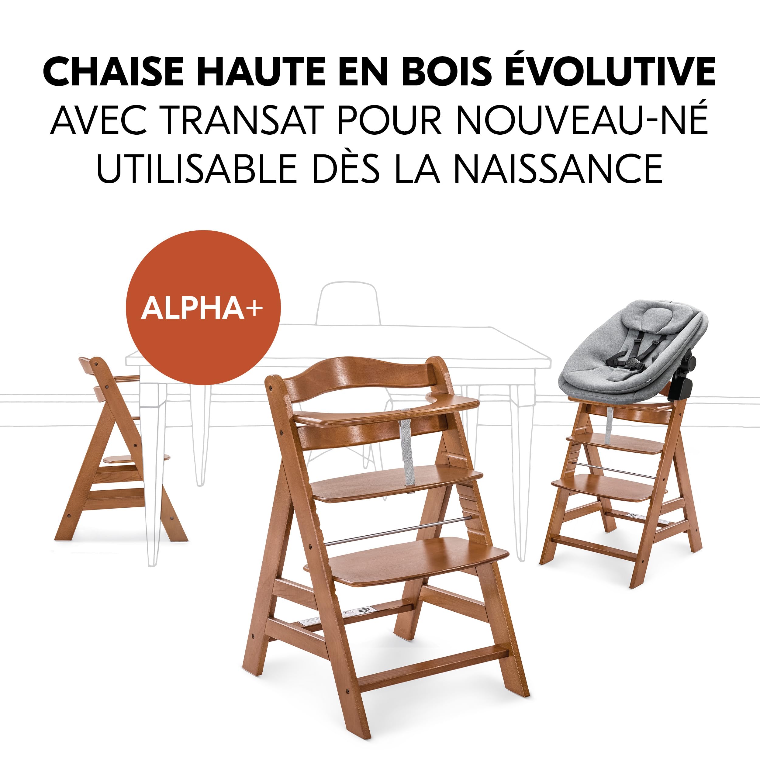 hauck Chaise Haute Bébé Alpha+ avec Siège Highchair Bouncer – Walnut | Chaise haute évolutive en bois, de la naissance à 90 kg, inclus assise bébé ergonomique 3 en 1 et coussin