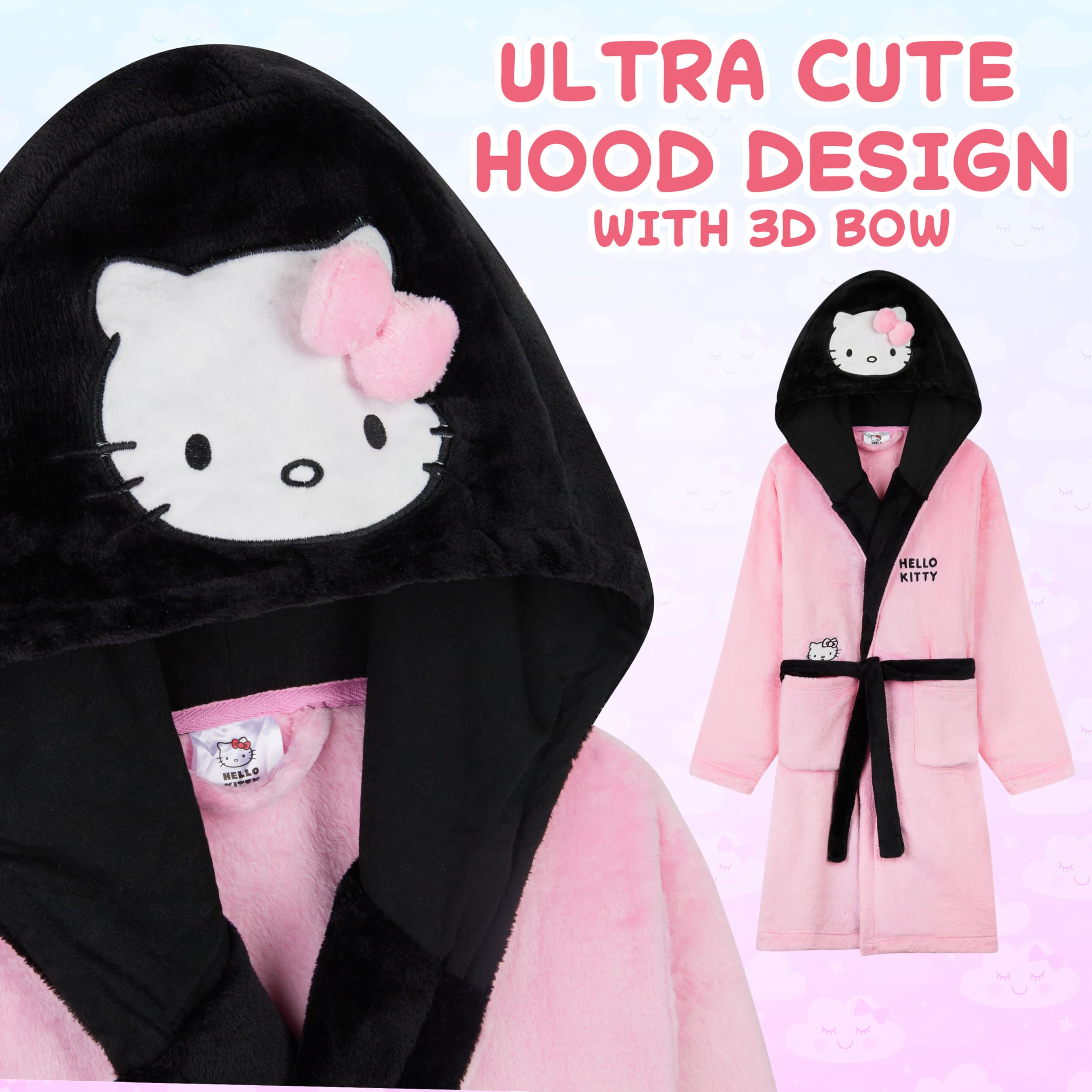 Hello Kitty Sanrio Albornoces Infantiles, Kuromi Cinnamoroll Bata con Capucha Bolsillos y Lazo en la Cintura, Regalos de Anime (13-14 Años, Rosa Hello Kitty)