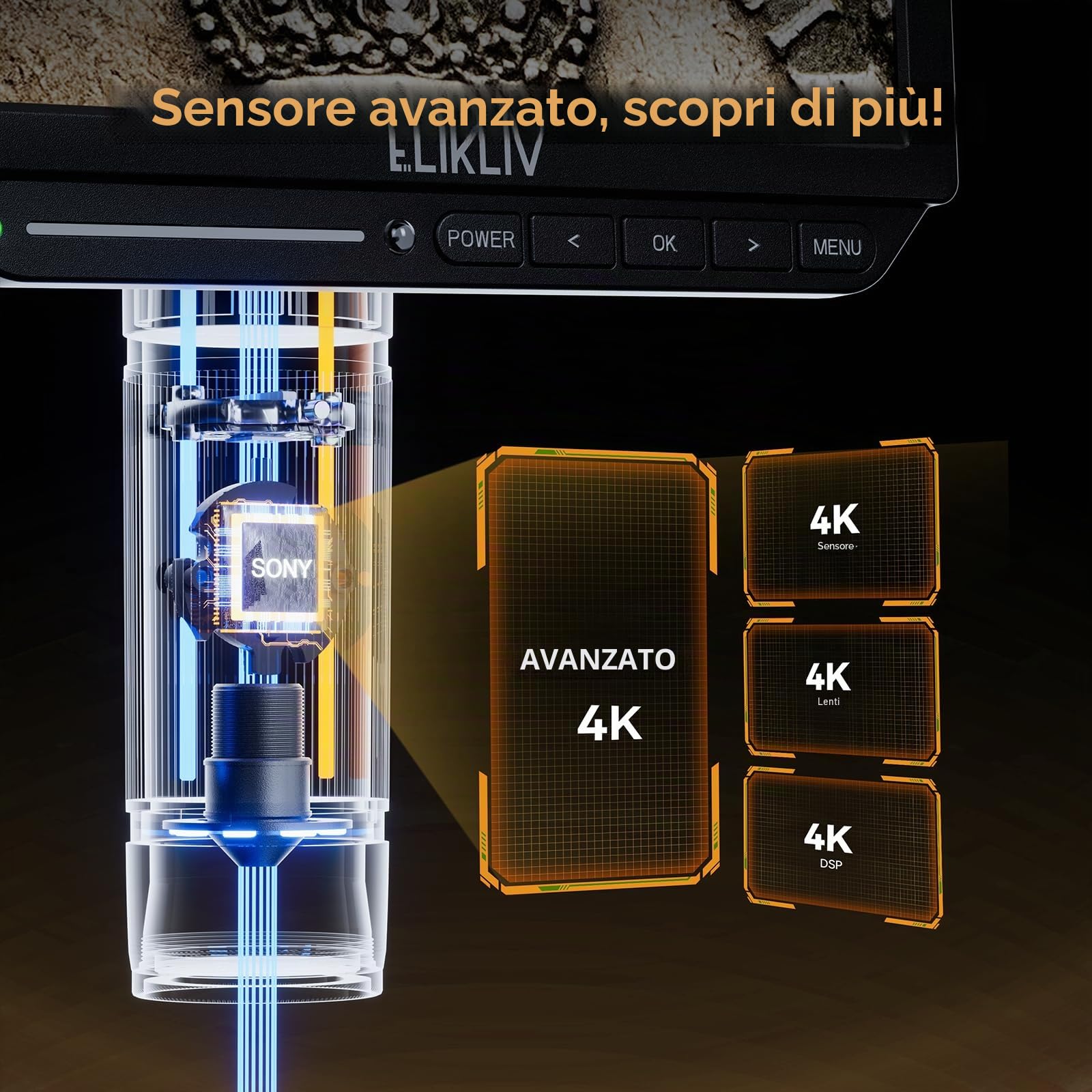 Elikliv EM4K Flex 4K Digital Microscopio, 10.1" HDMI Saldatura Microscopio con Flex Arm Stand per Riparazione Elettronica, 52MP Coin Magnifier per Monete Errori, Anello Luce, Silicone Saldatura Mat