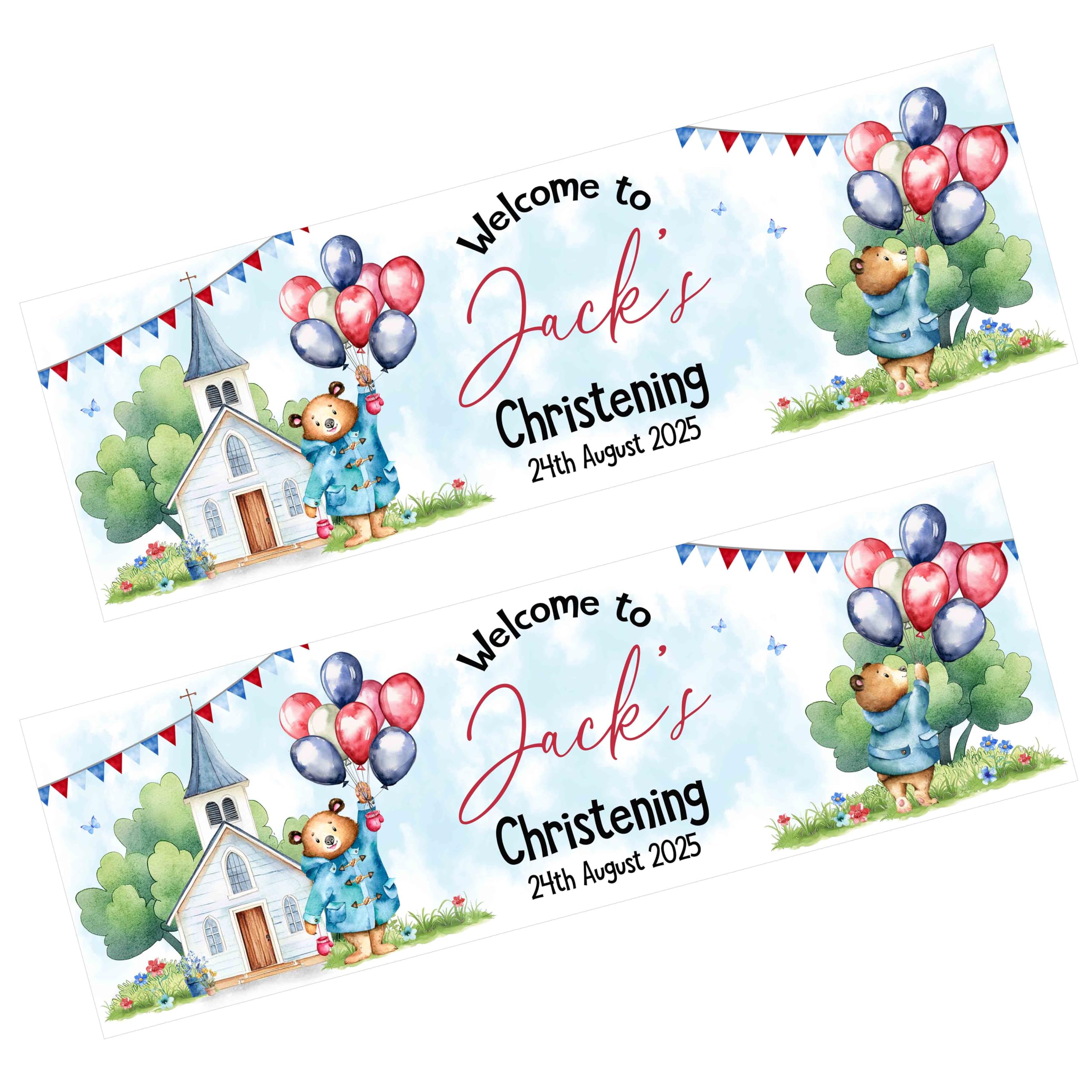 Bear Christening Banner x 2. Personalised Party Banner. Party Decoration, Birthday Gift, London Bear Partyware, Little Bear Party Banner