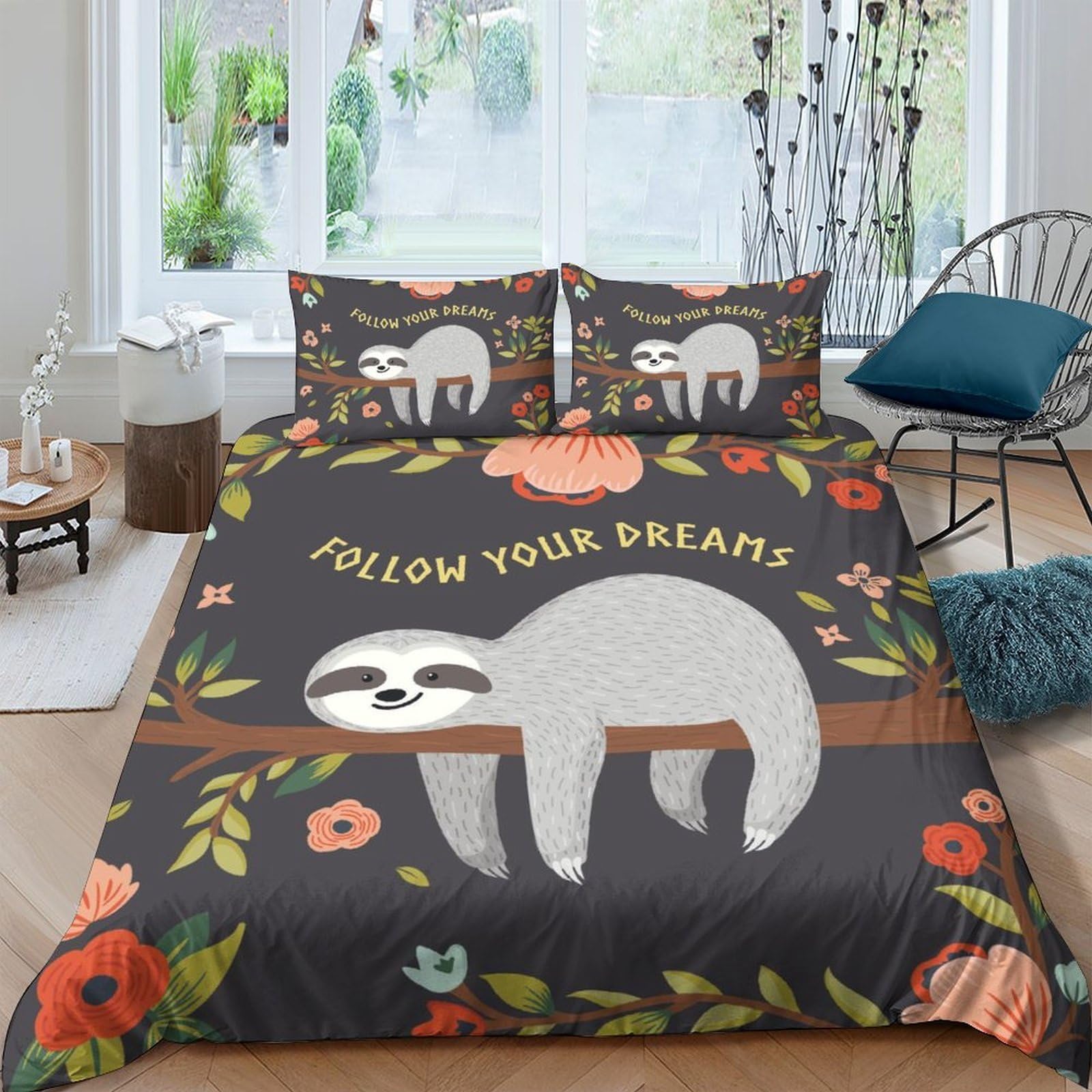 GPLZQXKJNH 3D Printed Sloth Floral Duvet Cover Microfiber Soft Breathable Animal Bedding Set with 2 Pillowcases for Bedroom Decor Single（135x200cm）