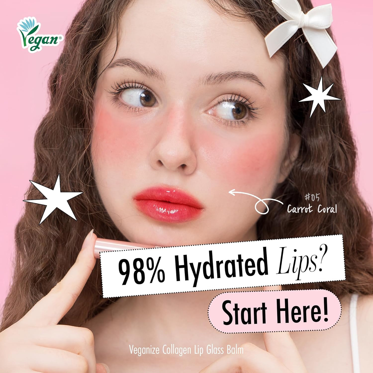 self beauty Veganize Collagen Lip Glass Balm - Hydrating Lip w/Hyaluronic Acid - Vegan Korean Lip Balm Moisturizing Lip Care – Lip Gloss Repair for Dry Cracked Lips 0.06 oz (#5 Carrot Coral) - Image 2