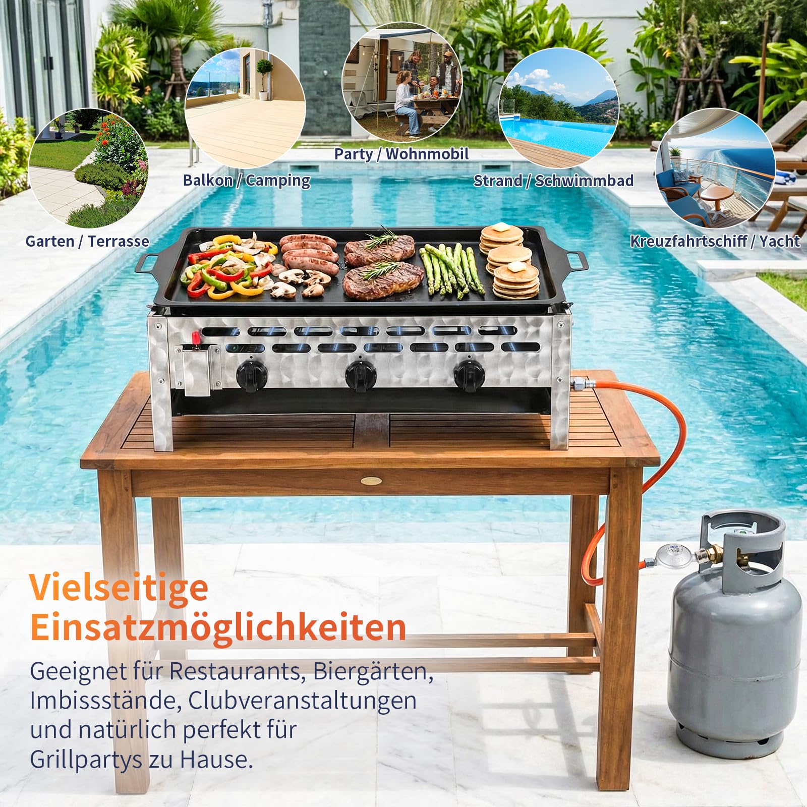 TLSUNNY Edelstahl Gasbräter 3-flammig 12 kW, Gasgrill Kommerzieller, Profi Gastrobräter & Tischbräter mit Emaille-Grillplatte, Gleichmäßig Tischgrill für Gastronomie, Outdoor, Garten, 69x52x27 cm