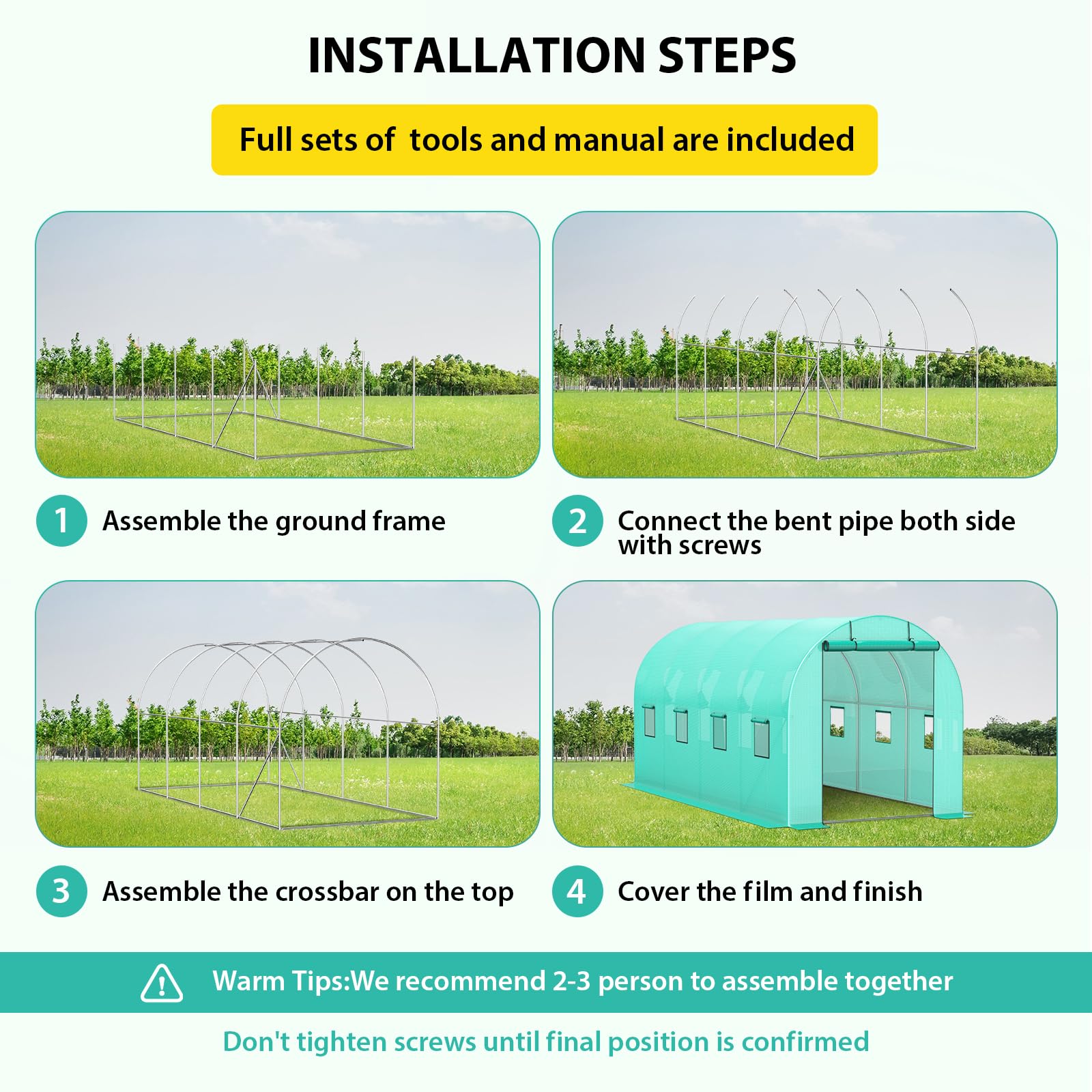 Invernadero túnel de jardinería - 15x7x7 pies con Estructura galvanizada - Cubierta PE Verde Resistente, Puerta Enrollable y 8 Ventanas con Malla - Ideal para Cultivo al Aire Libre /