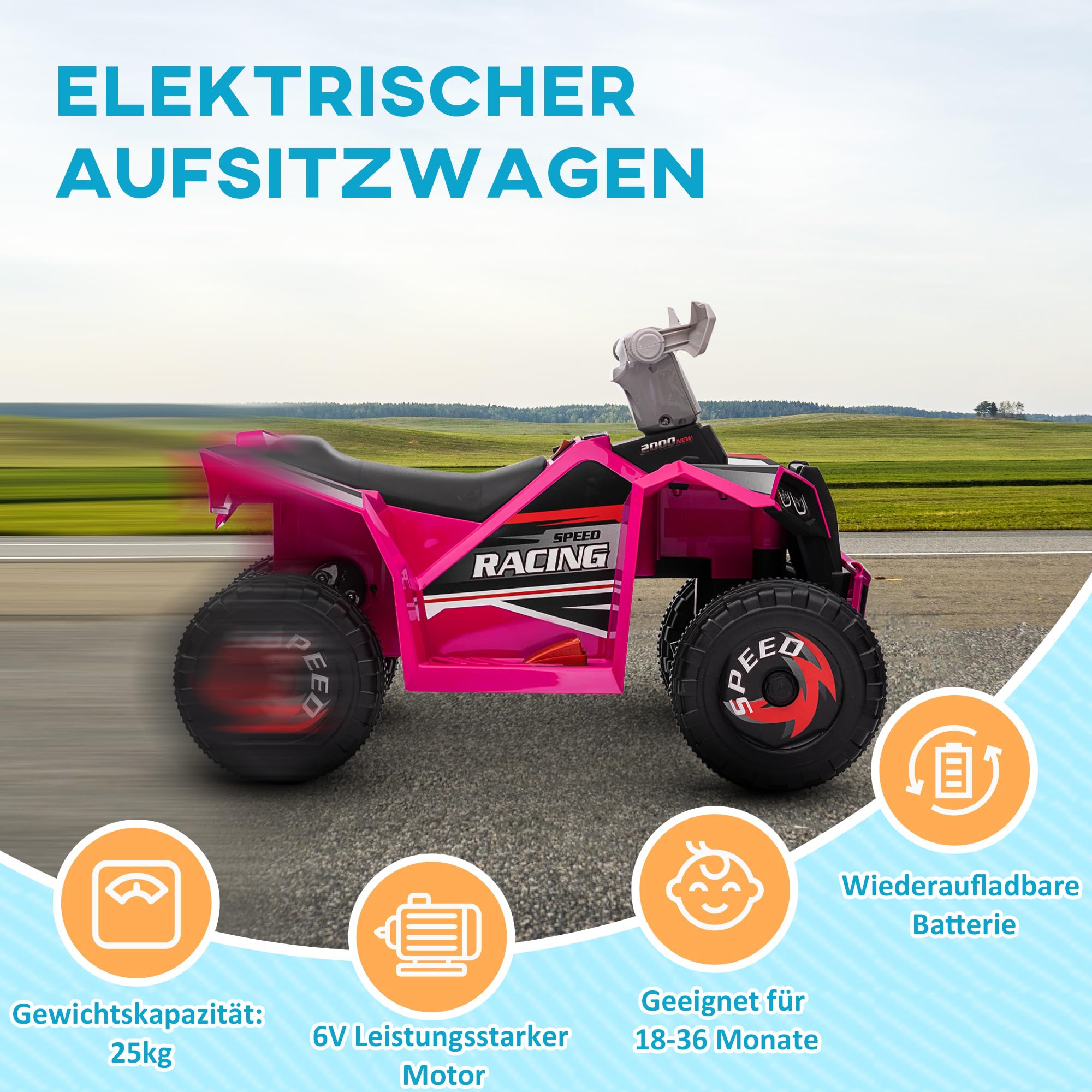 HOMCOM 6V Elektro Kinderquad 2,5 km/h Vorwärts-, Rückwärtsfunktion Rosa | Mini Elektroquad, Elektrofahrzeug, Kinderfahrzeug, Elektrisch Kinder Quad, Elektroauto für Kinder 1,5-3 Jahre