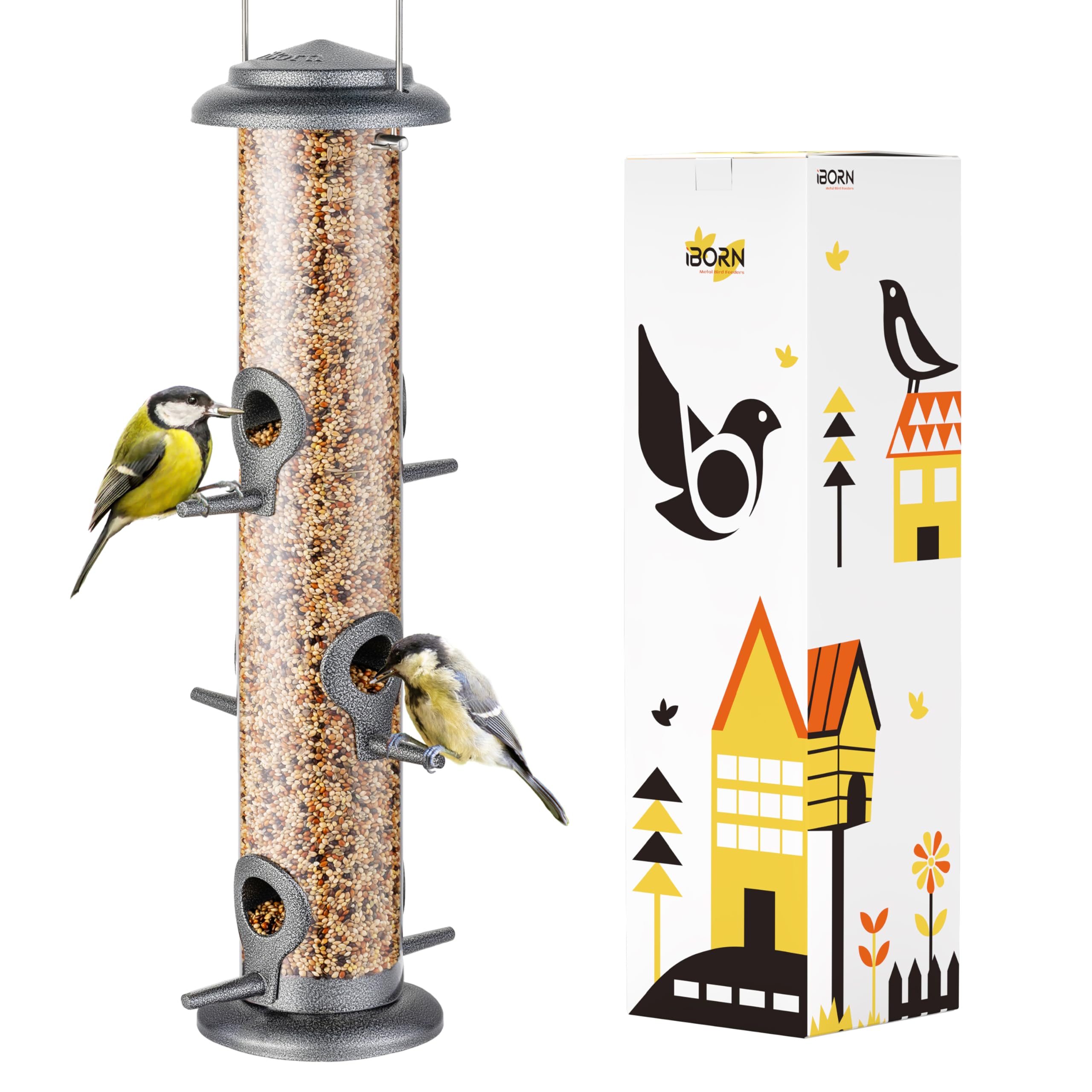 iBorn Vogelvoeders, zaadvanger voor buiten om op te hangen, 6-poorts vogelvoeder voor kardinaalvogels, aluminium metaal, geborsteld zwart nikkel afwerking 35 cm 6 poorten (zaad is niet inbegrepen
