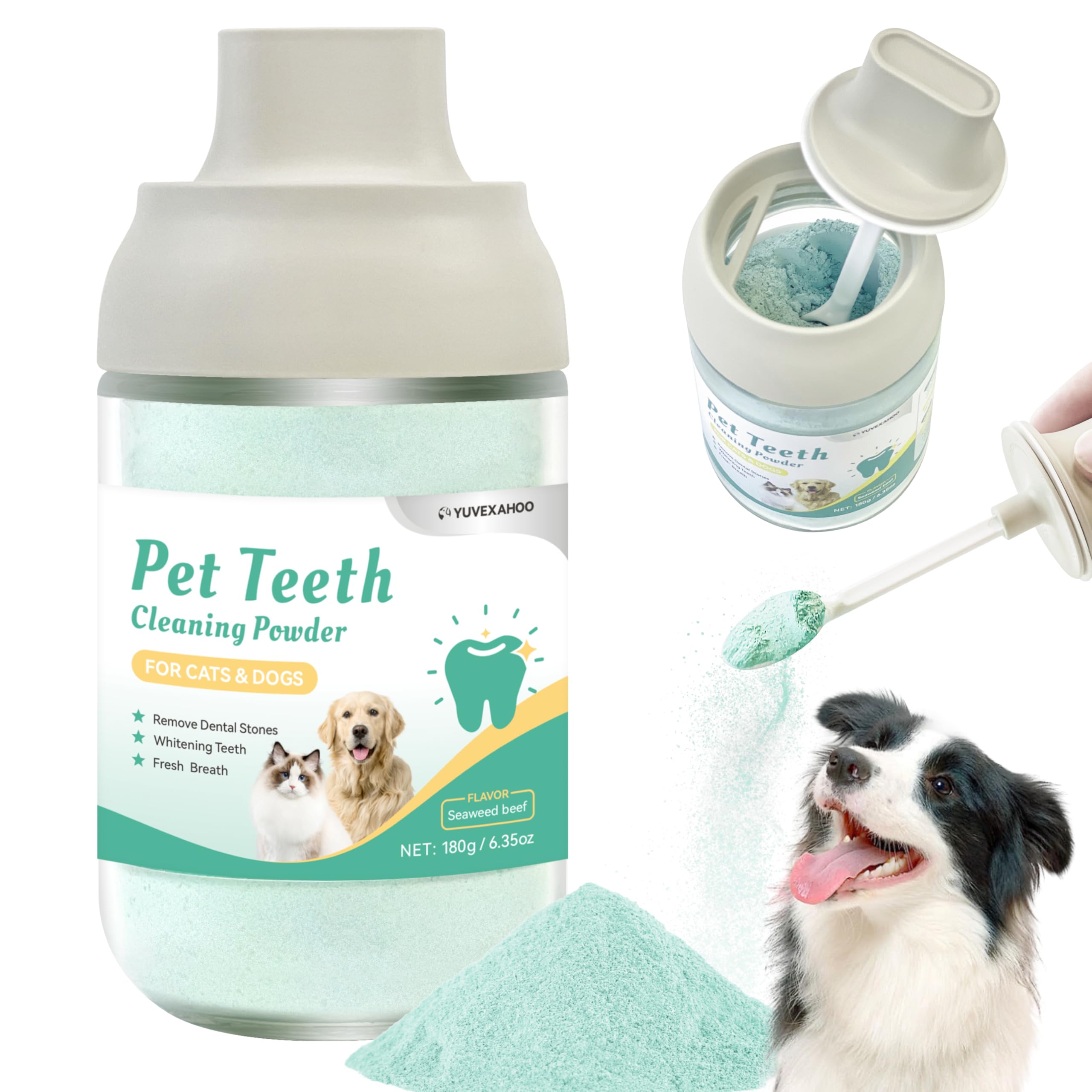 Dog Teeth Cleaning Powder, Dog Dental Powder and Breath Freshener for Plaque Contro, Bad Breath & Tartar Remover for Dogs, Pet Teeth Cleaning with Enzymes- 80-Day Supply -180g(Seaweed & Beef Flavor)