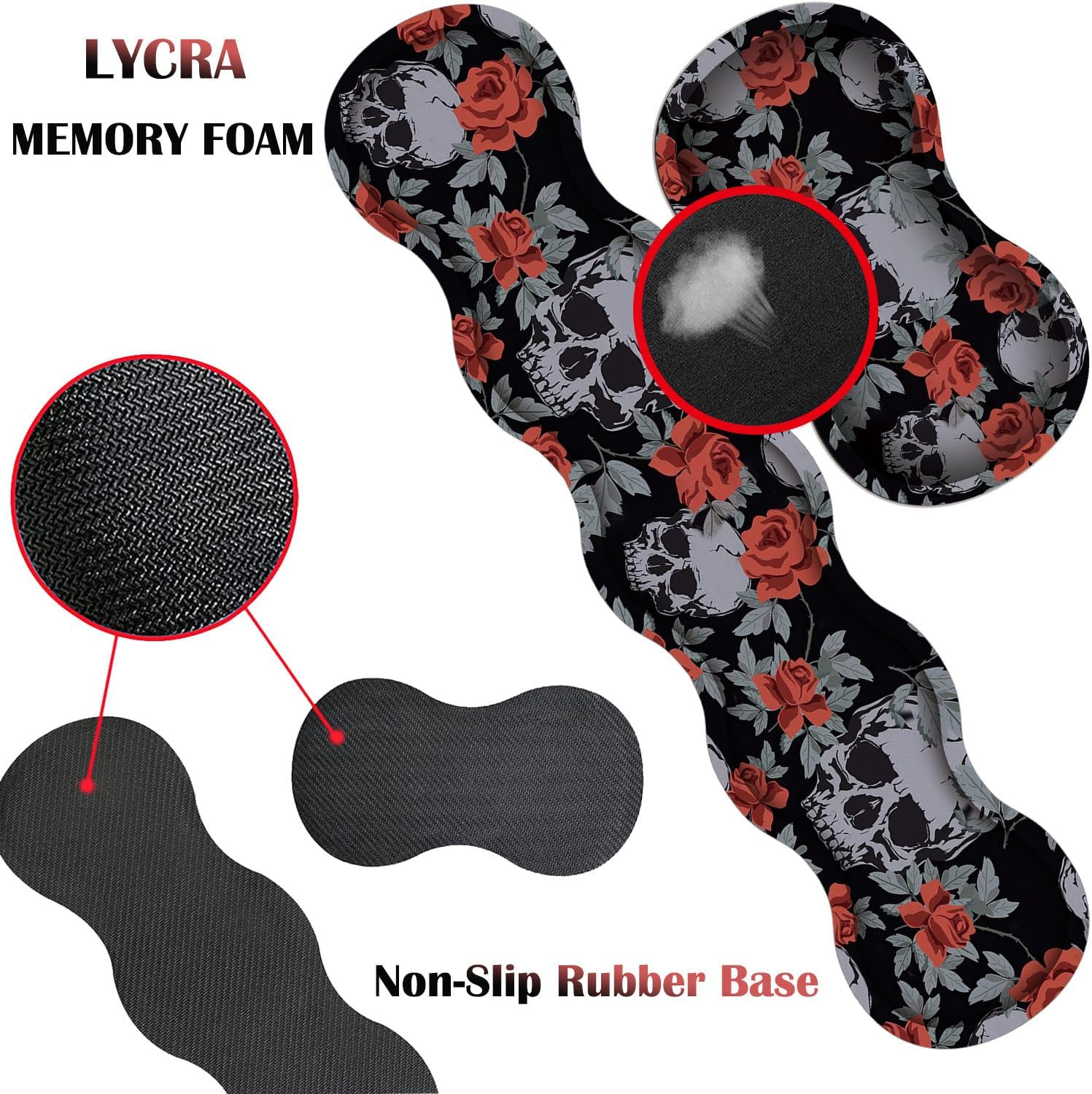 4 in 1 Mouse Pad Combo, Large Gaming Mouse Pad + Keyboard Wrist Support + Mouse Wrist Rest + Coaster, Table Pad with Stitched Edge Memory Foam Ergonomic Wrist Pad Set, Human Skulls Vintage Roses