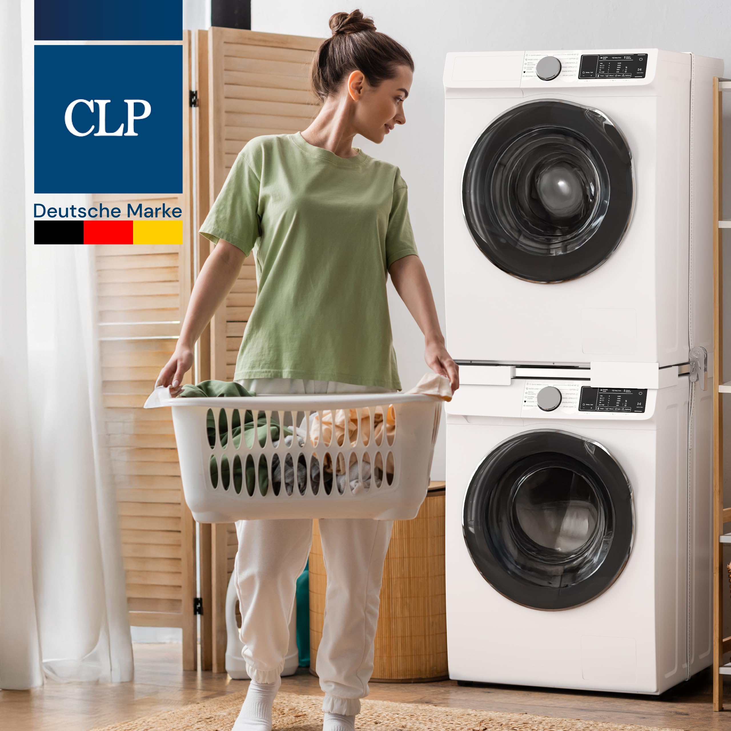 CLP Universal Verbindungsrahmen für Waschmaschinen & Trockner, stapelbar höhenverstellbar, mit Ablagefach & Spanngurt, Stabiler Baurahmen, Farbe:weiß