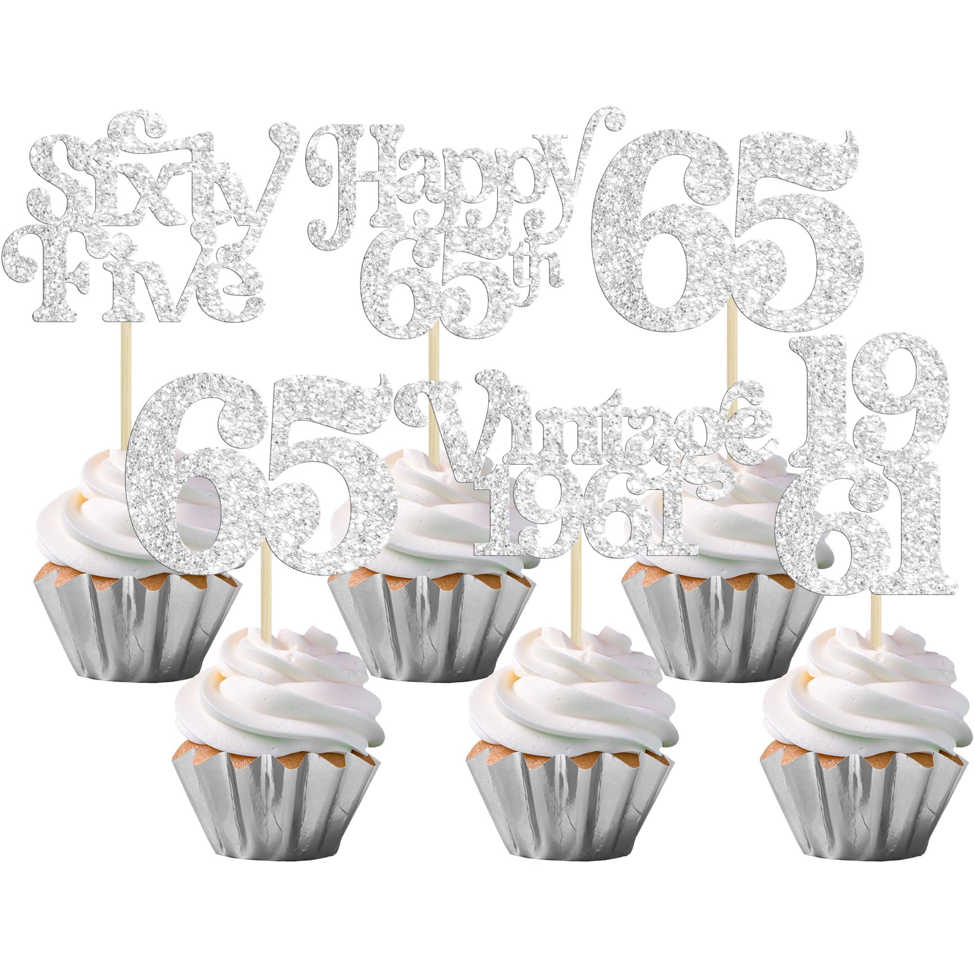 Gyufise 30Pcs 65th Birthday Cupcake Toppers Glitter Vintage 1961 Cheers to 65 Fabulous Sixty Five Cupcake Picks 65th Birthday Wedding Anniversary Party Cake Decorations Supplies Silver โ image 1