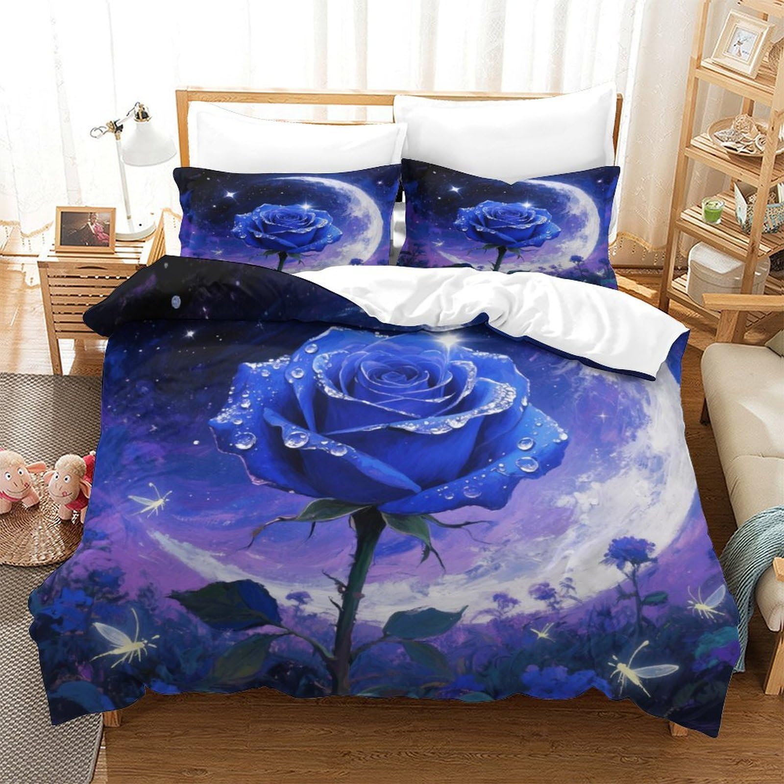 YYVKPMLXC Blue Rose 3D Duvet Cover,Dreamy Flower Bedding Bed Sets Soft Microfiber Quilt Cover 3pcs, Comforter Cover with Zipper Closure for Kids Teens Adults Bedding Double（200x200cm）