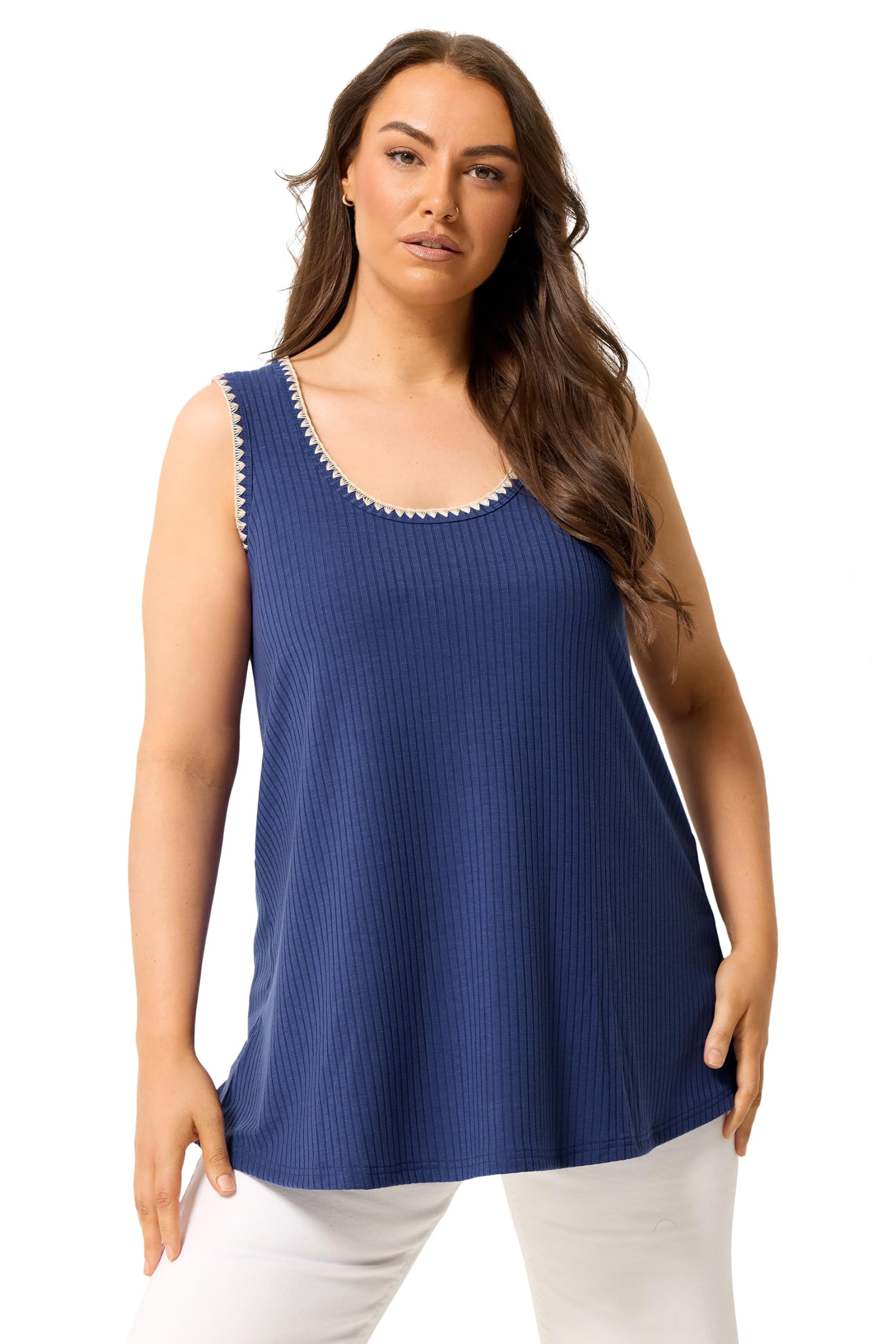Yours Curve Cobalt Blue Contrast Blanket Stitch Ribbed Vest Top - Women's - Plus Size Curve