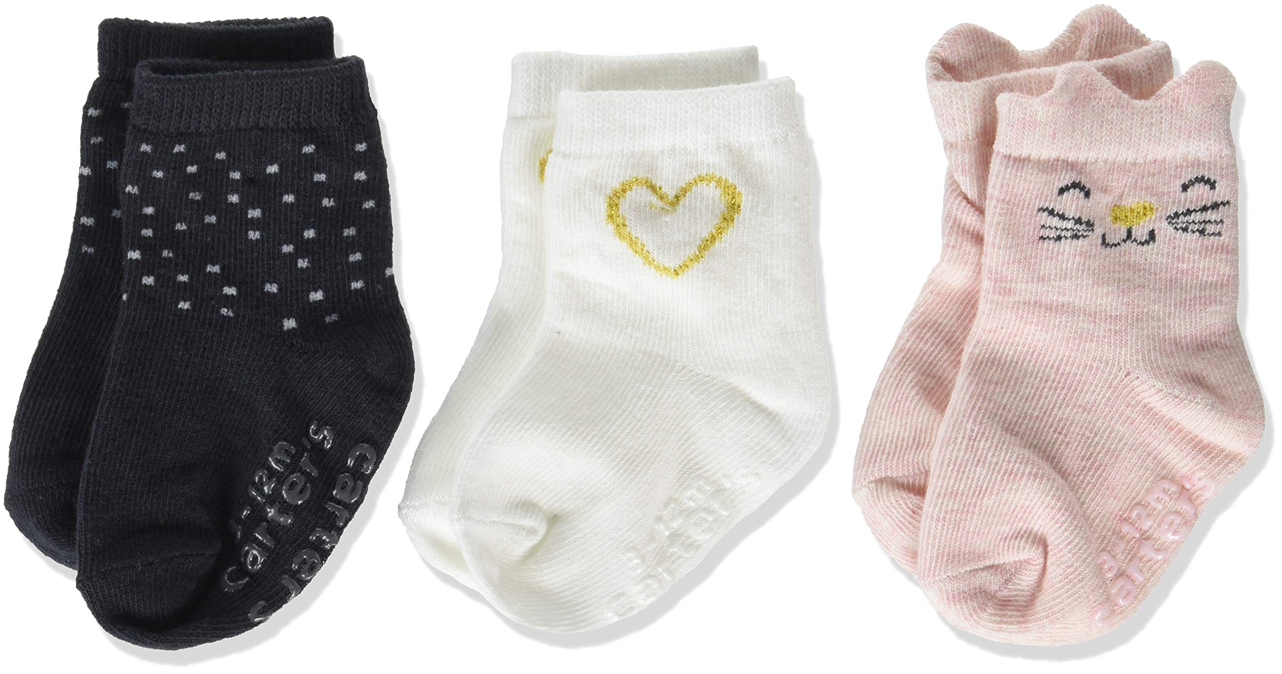 Carter's Baby Girls Cat and Heart Crew Sock 3 Pack, Pink/White/Navy, 0-3 Months