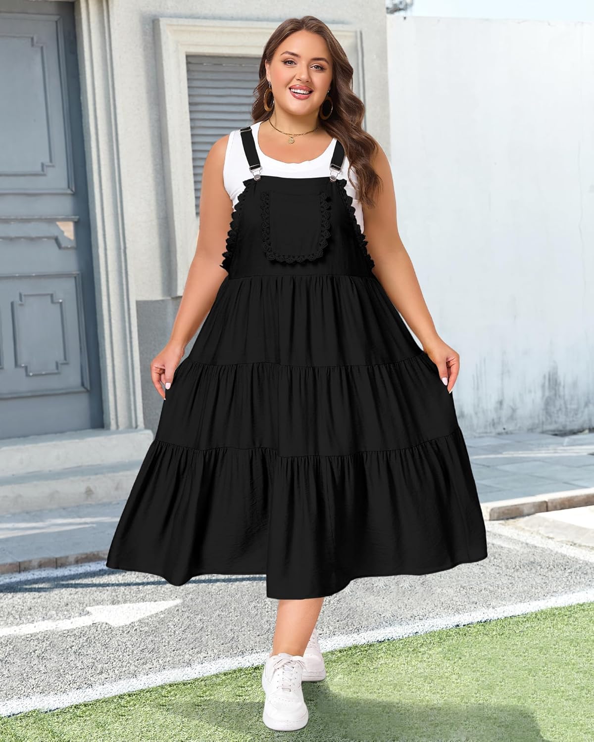 Moon Wood Plus Size Overall Dress for Women Casual Bib Jumper Dress with Pockets Adjustable Straps Summer Maxi Dress - Image 2