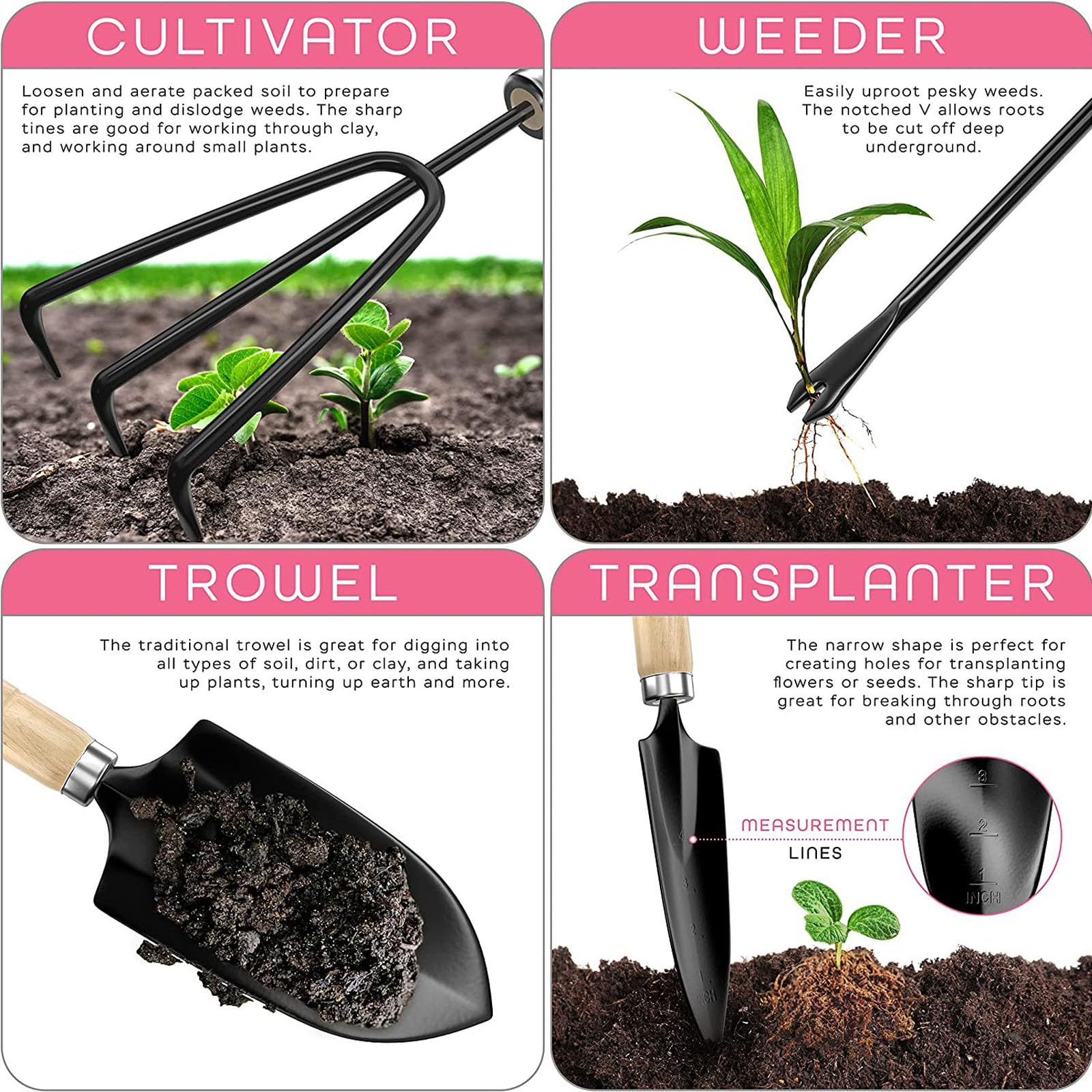 Set di attrezzi da giardinaggio, in acciaio inox resistente, con borsa per attrezzi da giardino resistente e manico ergonomico antiscivolo per uso esterno