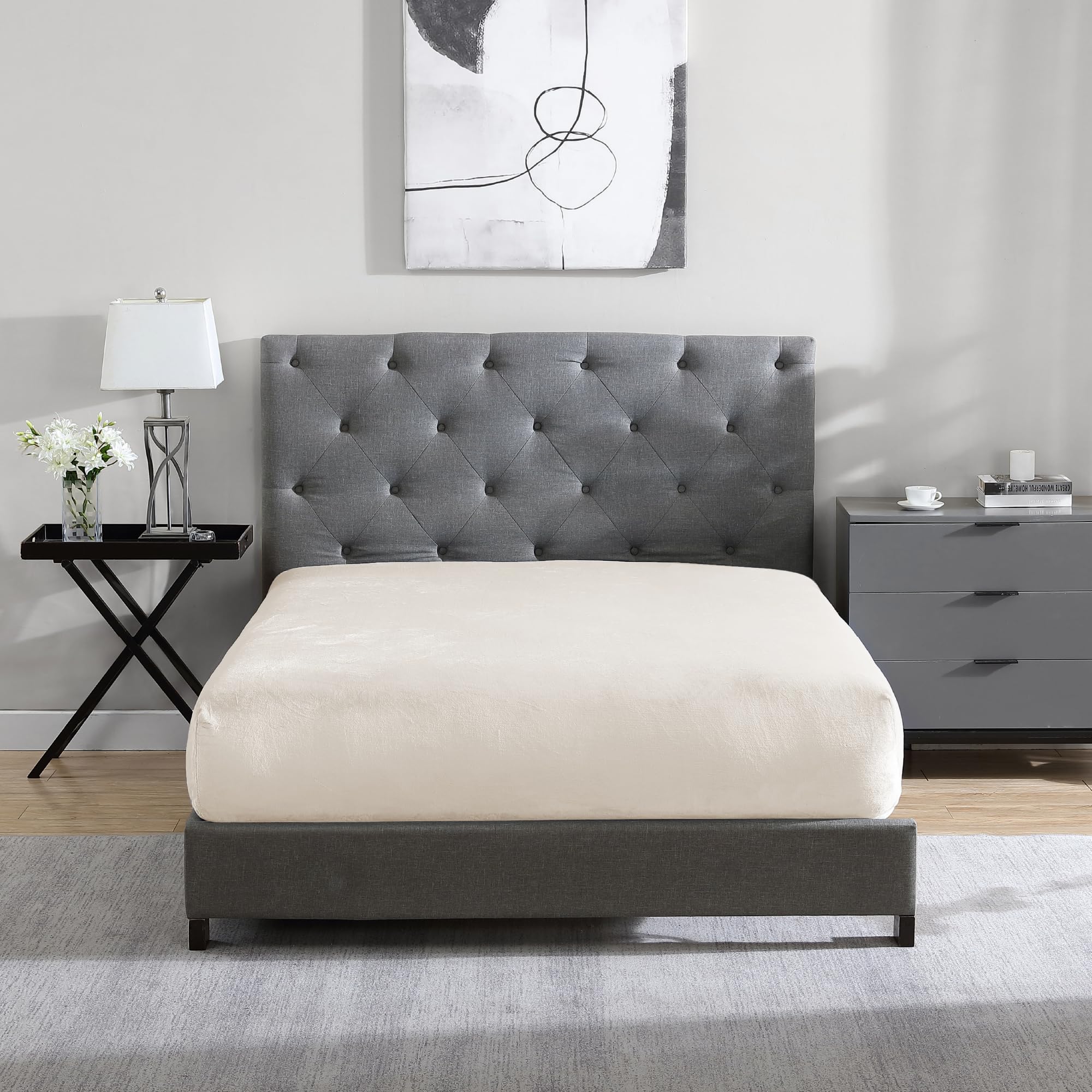 Cathay Home Queen Flannel Plush Fitted Sheet - Ultra Soft & Extra Plush Flannel, No-Pilling - All Season Cozy Warmth - 12" Deep Pocket Fitted Sheet Only (Queen, Cream)