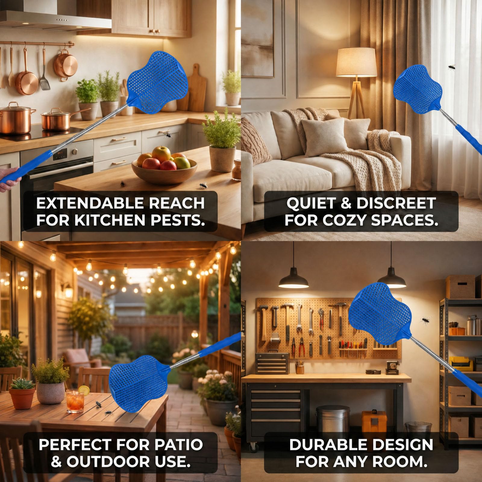 MYSTICHOME Fly Swatter 1 PCS, Durable Heavy Duty Plastic Fly Swatters, Stainless Steel Telescopic FlySwatter for Indoors/Outdoor/Kitchen/Garden (Blue) 3