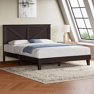 Yaheetech Wood Bed Queen, Farmhouse Espresso Rubberwood Platform Bed Frame with V-Designed Headboard, Sturdy Wooden Support Slats, Holds up to 800 Pounds, Noise-Free, Easy Assembly