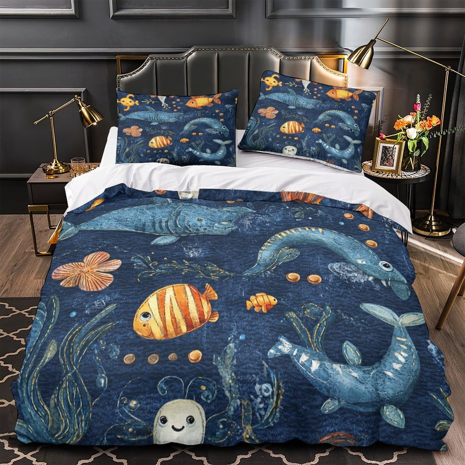 Parure de lit poisson 3D en microfibre marine 135x200