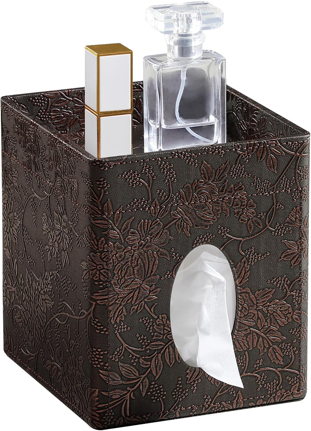 Square Tissue Box Cover, Stylish Leather Tissue Box Holder with Storage Tray, Decorative Tissue Rack Storage Box for Living Room, Bedroom, and Office Desk(Brown Grape Pattern)