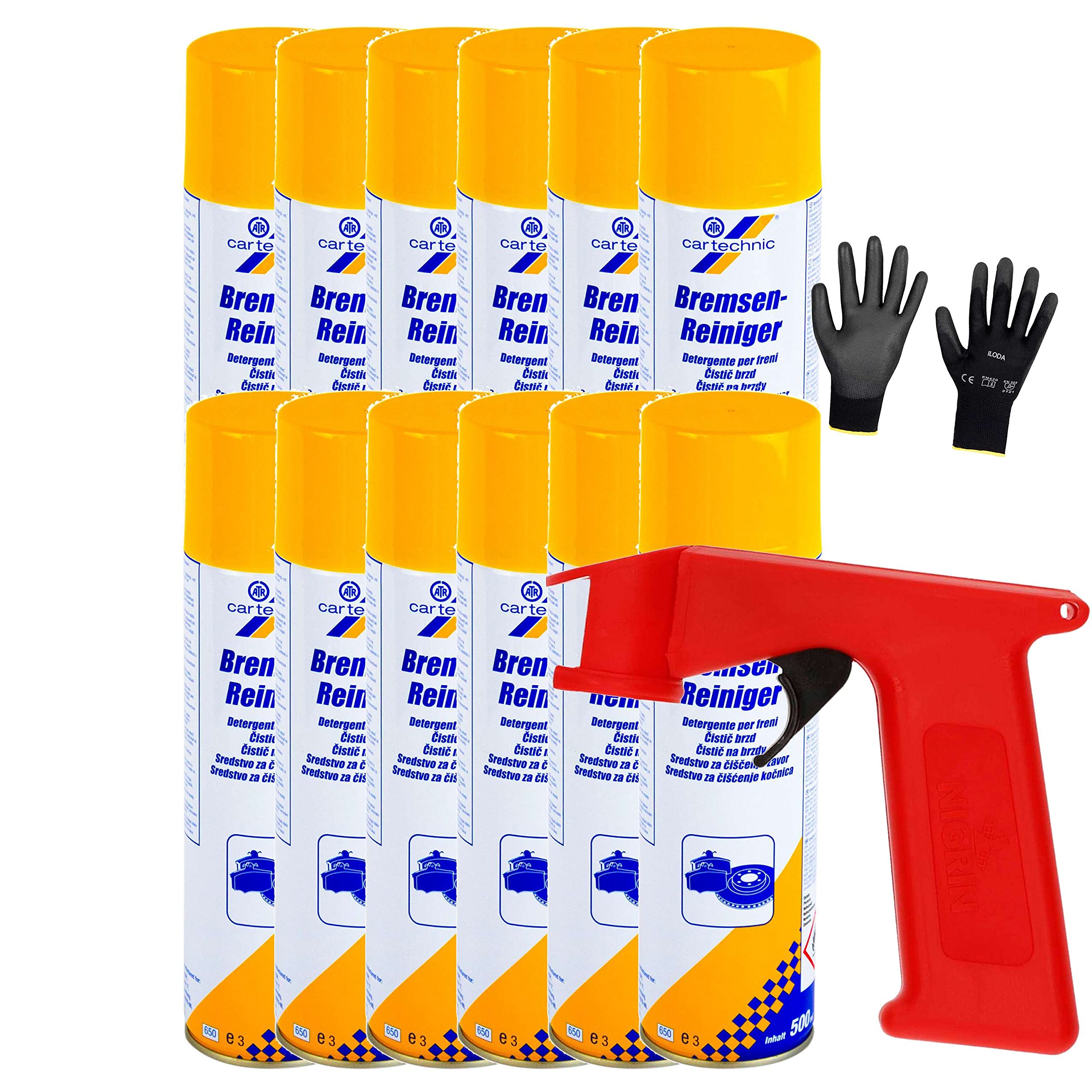 Schutzhandschuhe + Sprüh-Pistolengriff (rot oder schwarz) + 12x 500ml cartechnic Bremsenreiniger Spray, Entfetter, Ölentferner, Fettentferner