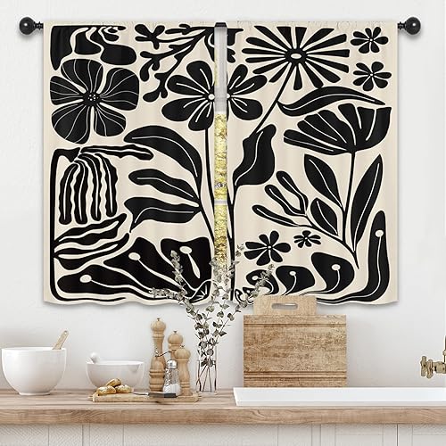 Cortinas de cocina con diseño de flores Matisse negras de 27.5 pulgadas de ancho x 39 pulgadas de largo, retro, abstracto, vintage, minimalista,
