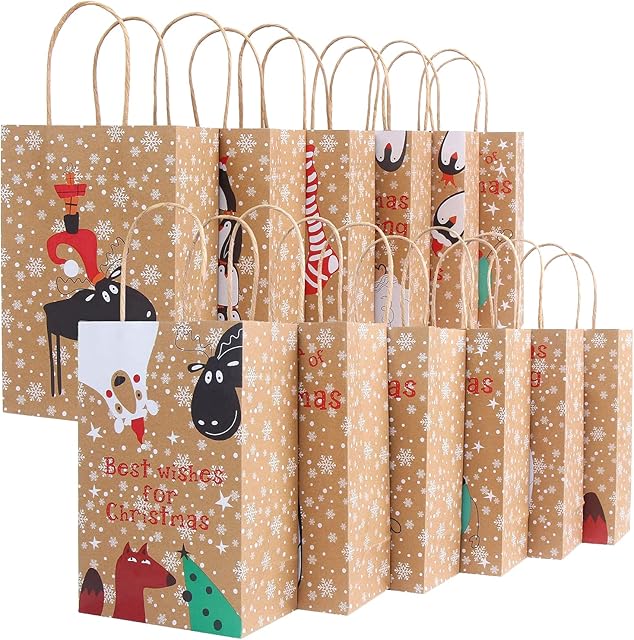 LOKIPA Christmas Kraft Gift Bags with Handle, 12 Christmas Paper Treat Candy Bags for Xmas Favor