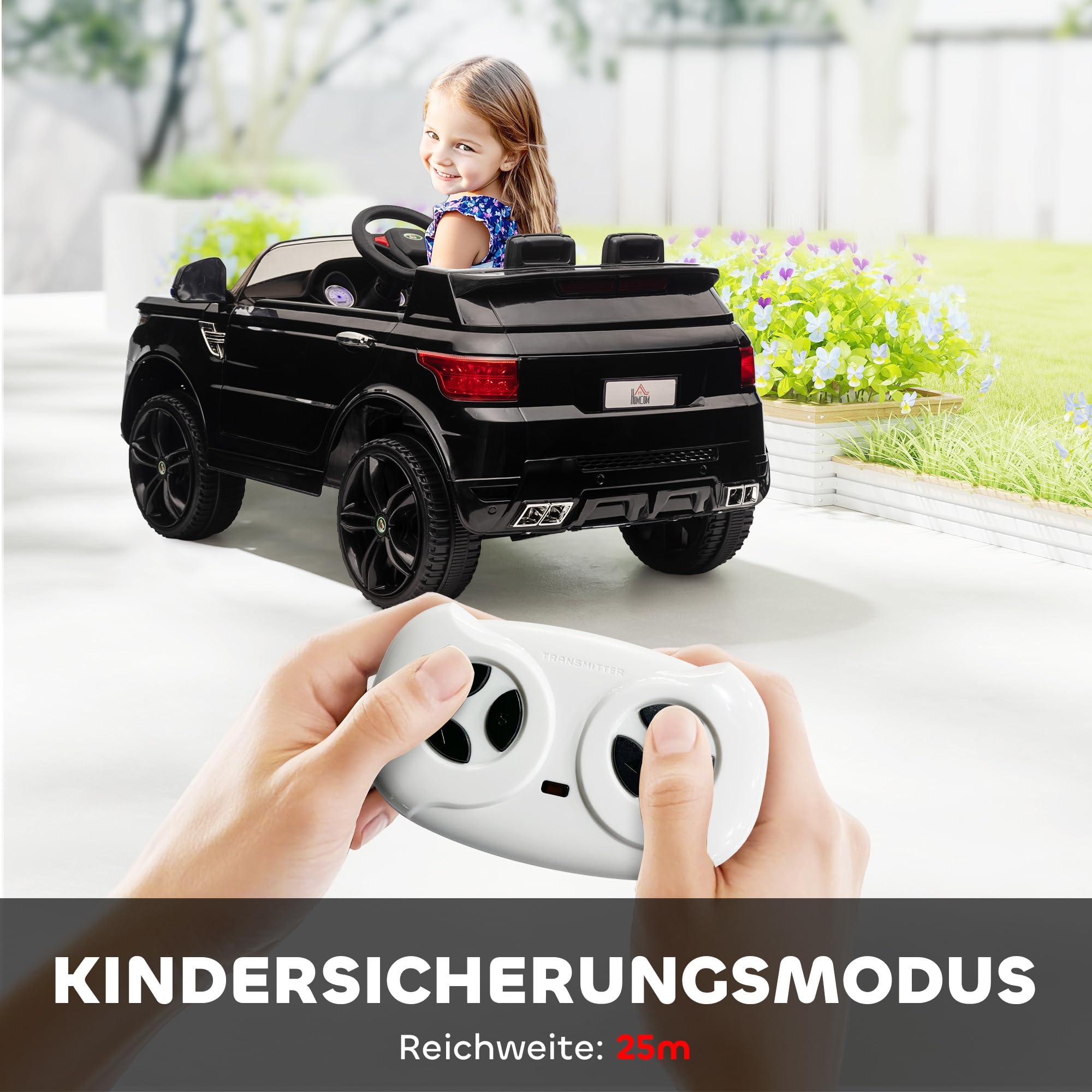 HOMCOM Kinder Elektroauto 12V mit 2,4 GHz Fernbedienung 2 Motor Schwarz | Kinderauto, Kinderfahrzeug mit Sanftstart, Hupe, Scheinwerfer, Elektrofahrzeug 5 km/h, für 3-5 Jahre Kinder