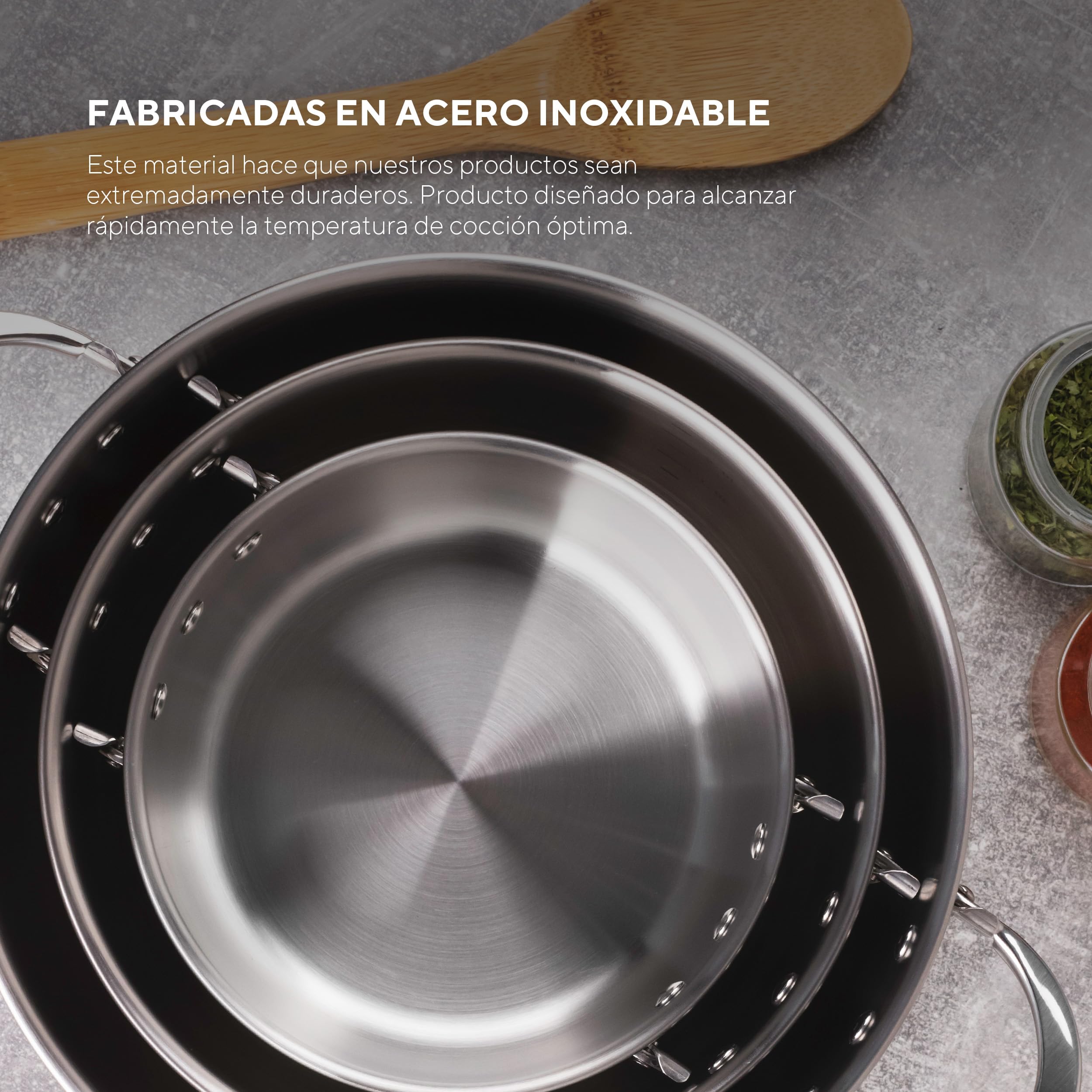 MasterPRO Foodies - Batería de Cocina - Set de 4 Piezas Con Cacerolas de 16, 20 y 24 cm y Tapa de Cristal - Fabricadas en Acero Inoxidable - Compatibles con Todo Tipo de Cocinas