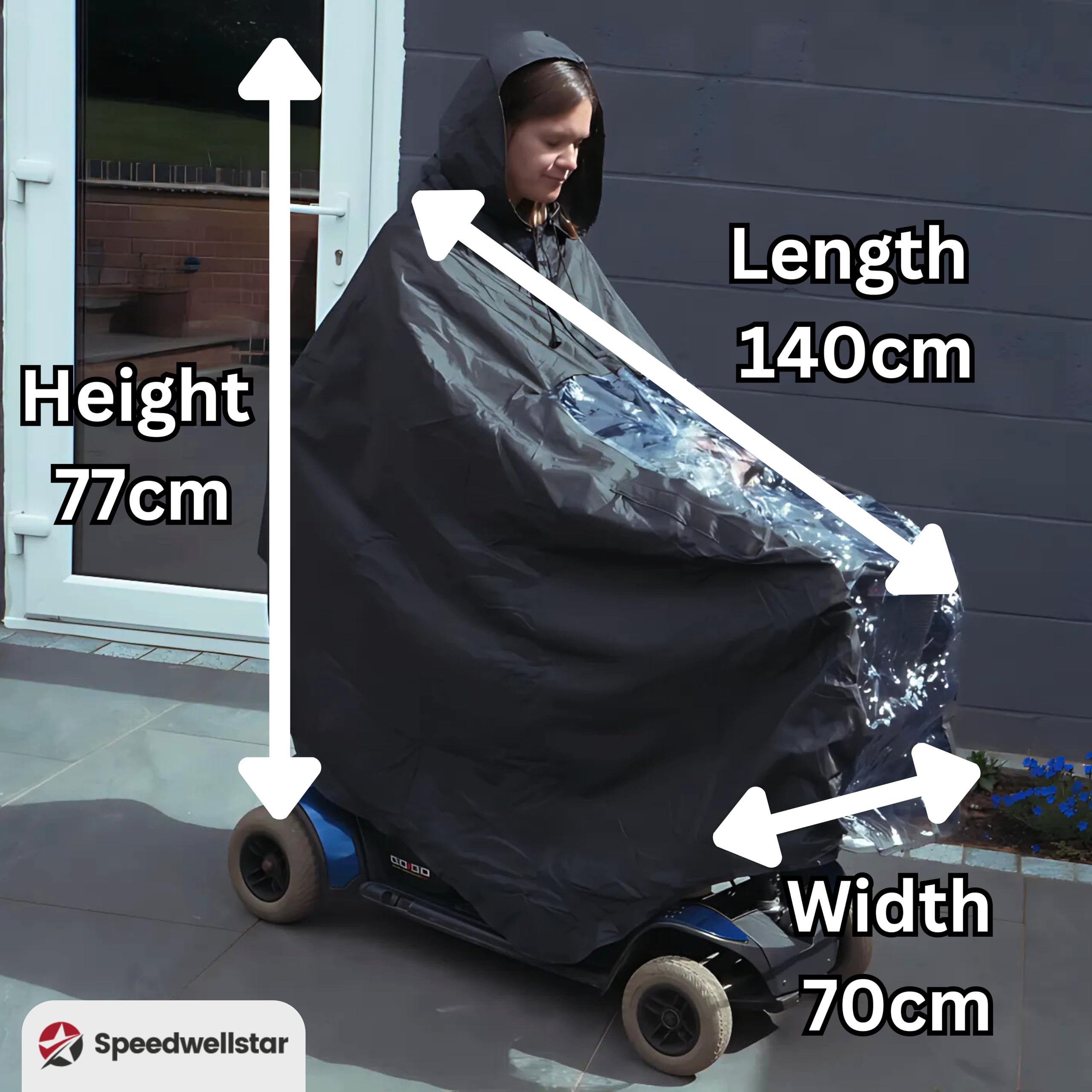 Speedwellstar Capa Lluvia Scooter Movilidad Impermeable Cortavientos Poncho Largo con Capucha Acceso Manos Panel Transparente Reflectante Negro