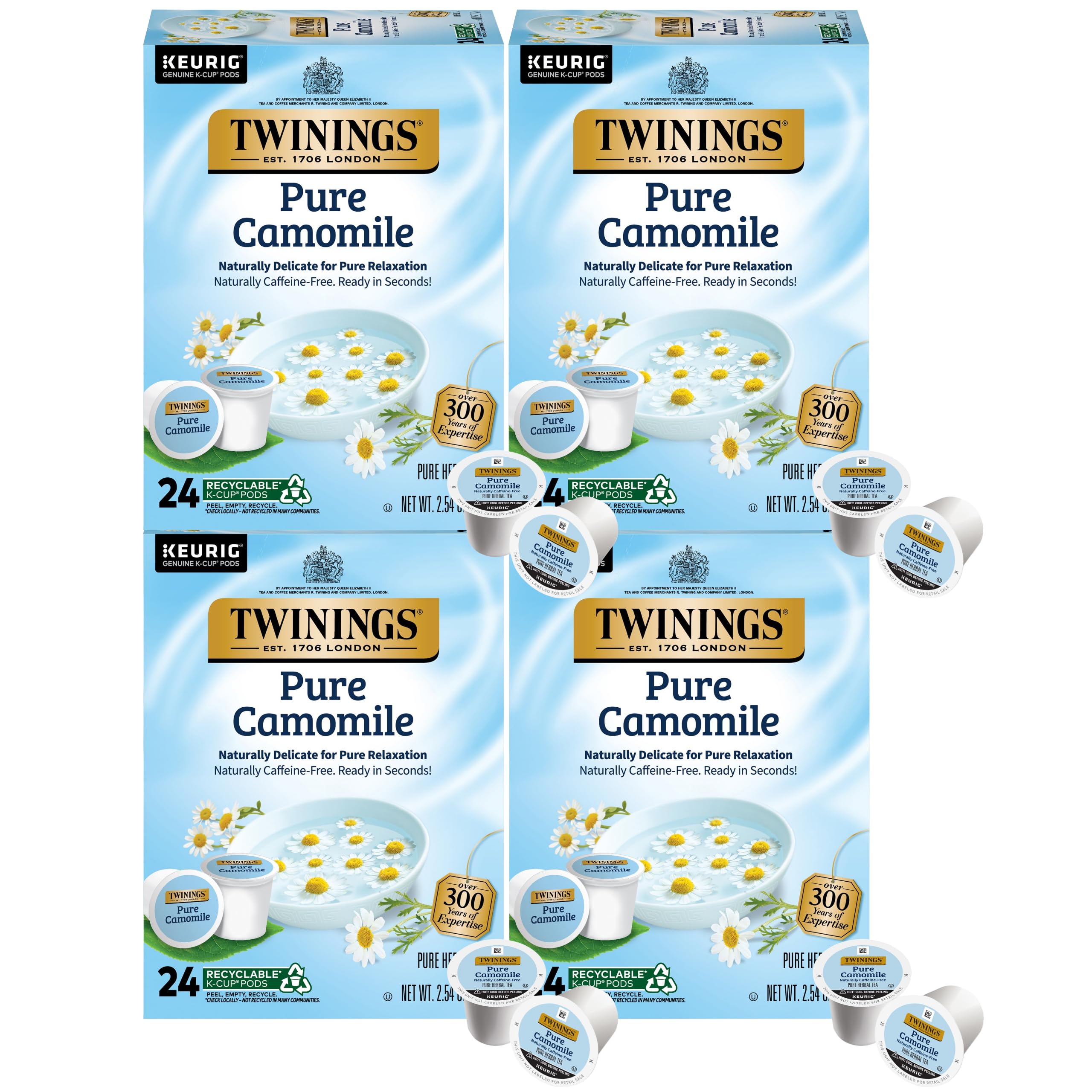 Twinings Pure Camomile Herbal Tea Single Serve K-Cup Pods for Keurig, Naturally Caffeine-Free, Made with Pure Camomile Blossoms, 24 Count (Pack of 4)